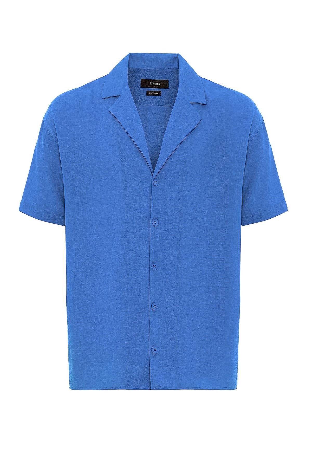 KOALA SYDNEY Men's Sax Oversized Short Sleeve Shirt with Apach Collar