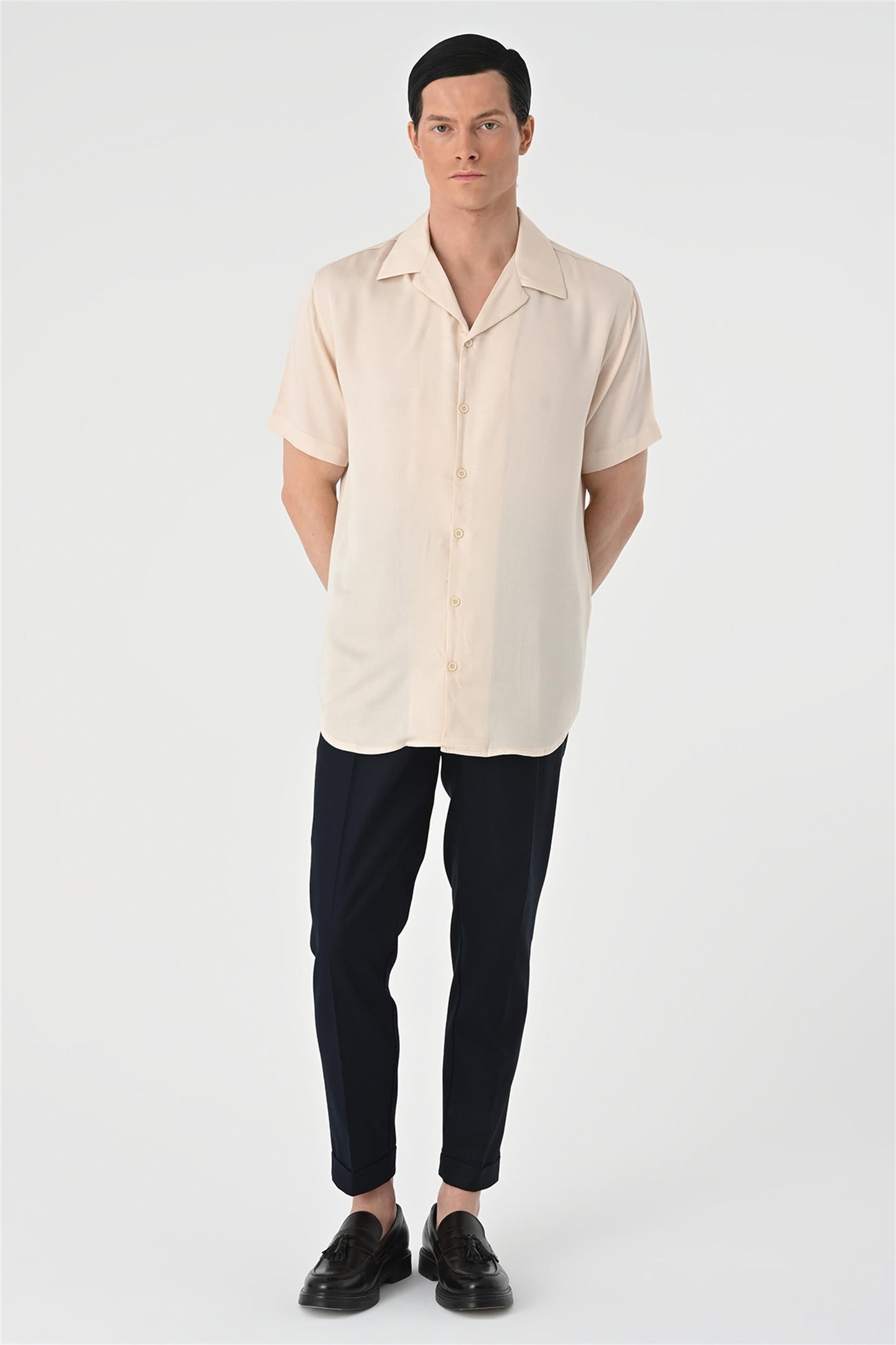 KOALA SYDNEY Men's Beige Open Collar Oversized Short Sleeve Shirt -