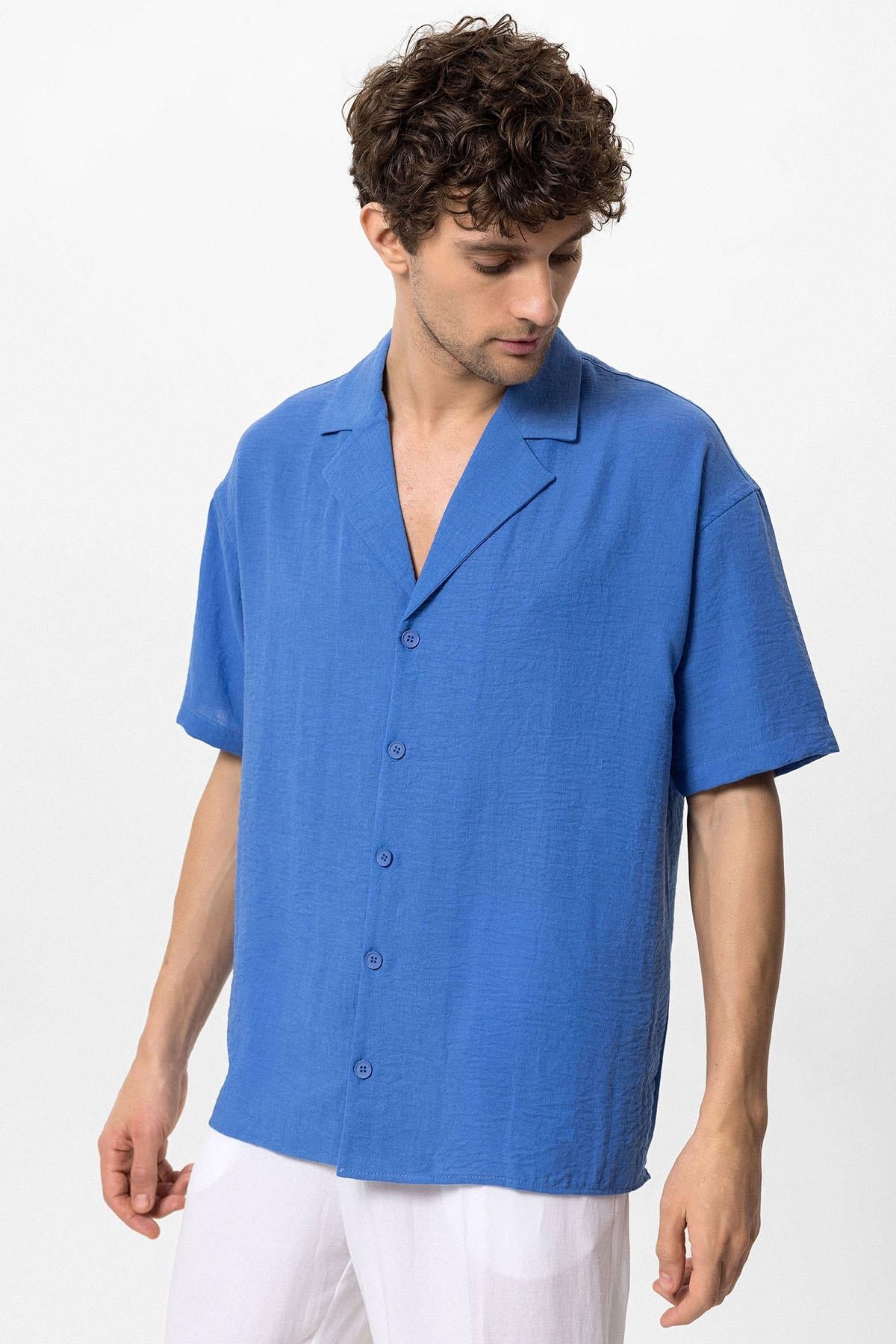 KOALA SYDNEY Men's Sax Oversized Short Sleeve Shirt with Apach Collar