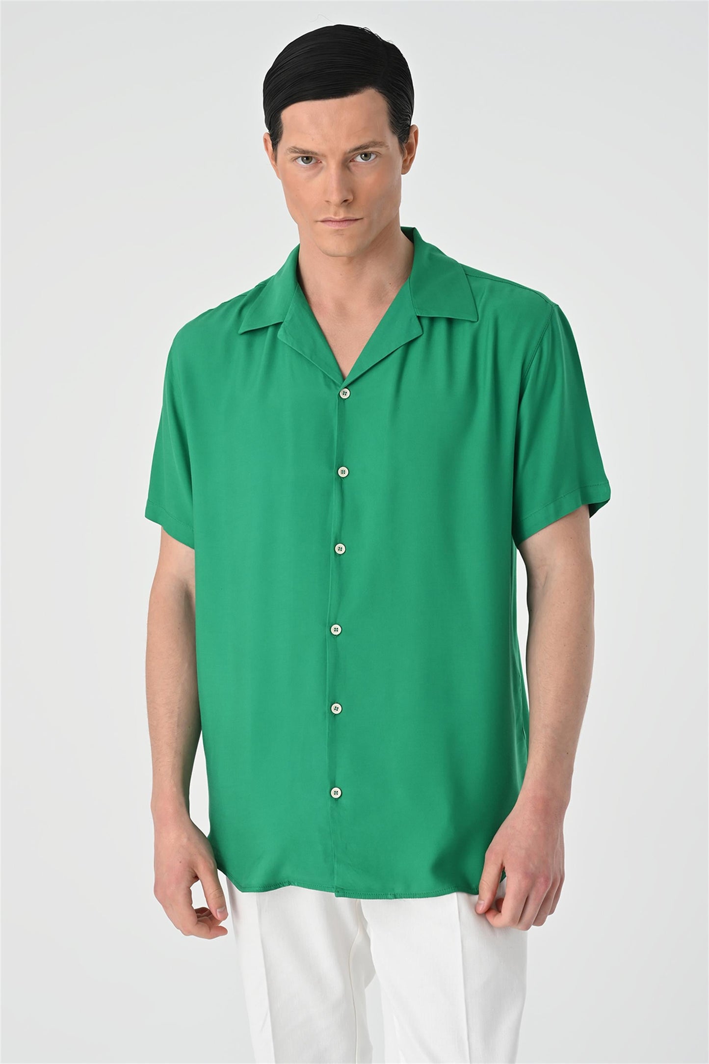 KOALA SYDNEY Men's Green Open Collar Oversized Short Sleeve Shirt -