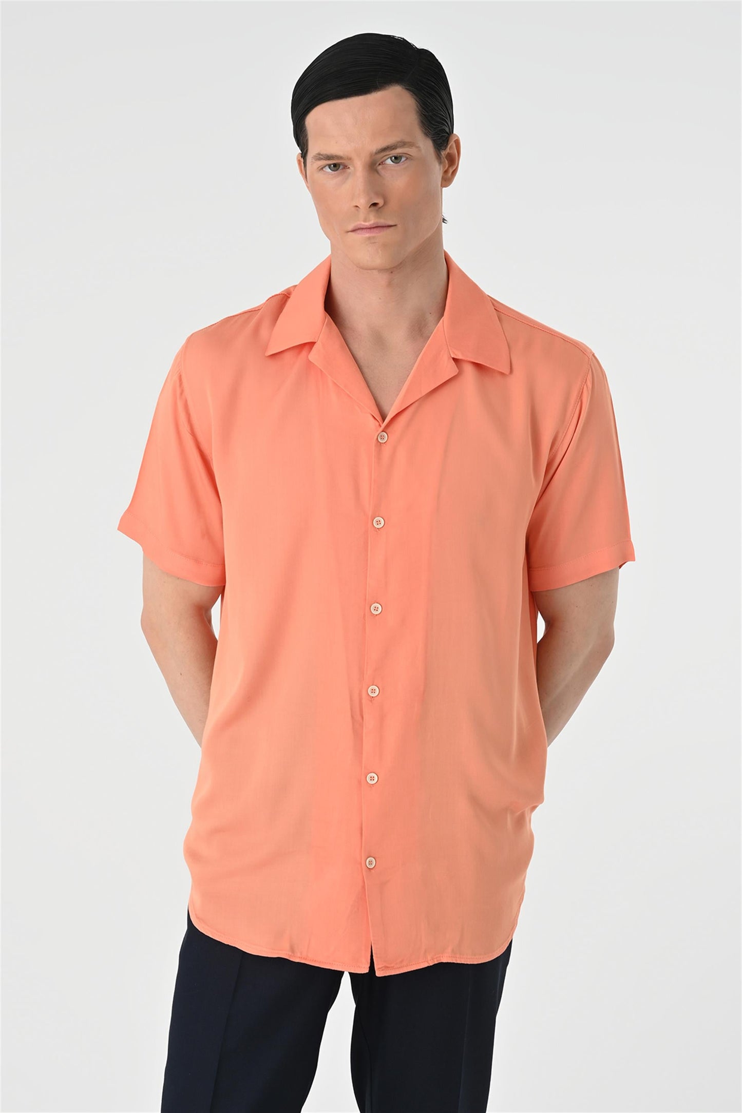 KOALA SYDNEY Men's Salmon Open Collar Oversized Short Sleeve Shirt -