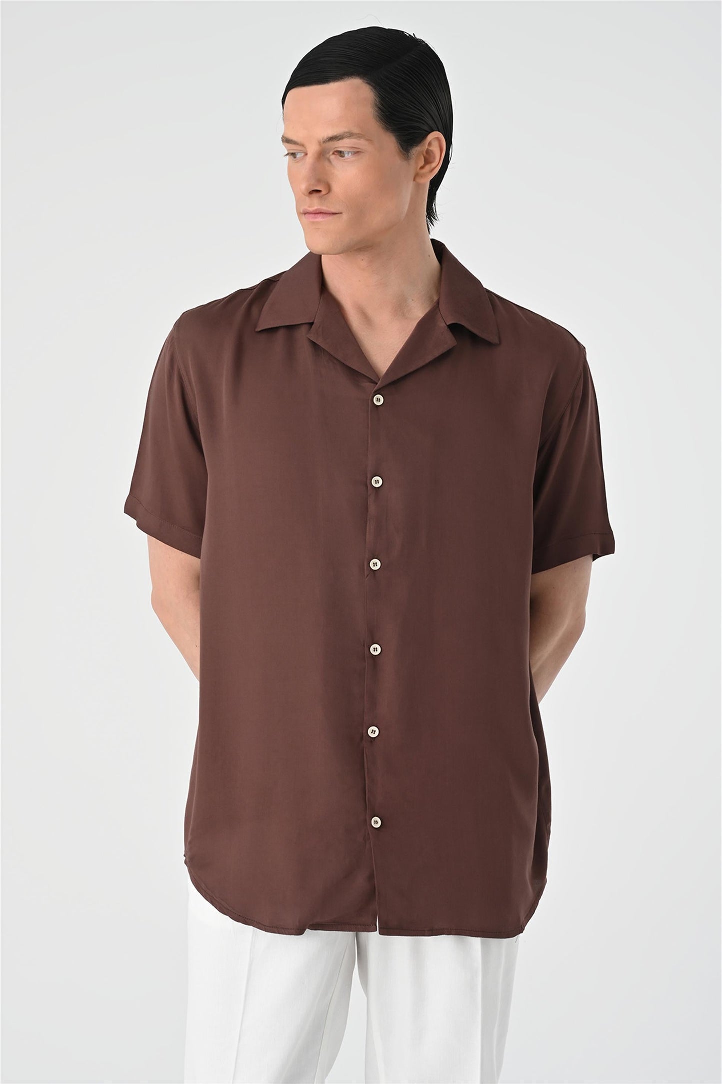 KOALA SYDNEY Men's Brown Open Collar Oversized Short Sleeve Shirt -