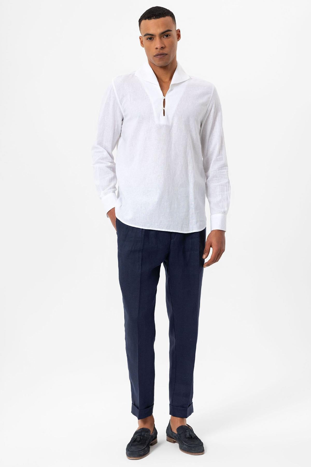 Men's White Camp Collar Button-Down Shirt