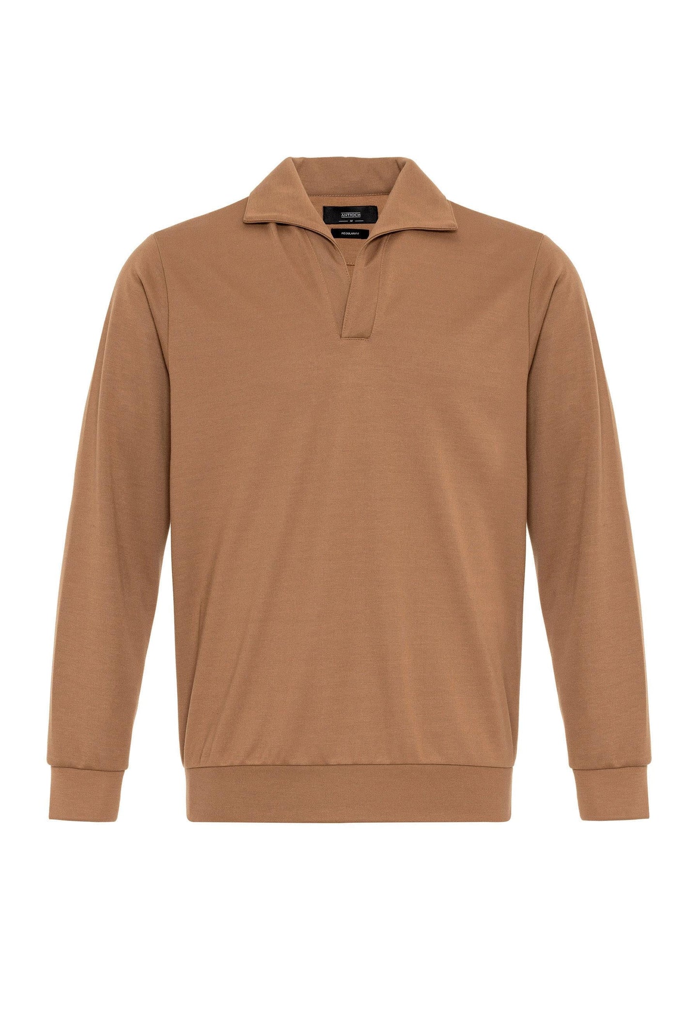 Men's Tan Camp Collar Regular Fit Long Sleeve Sweater