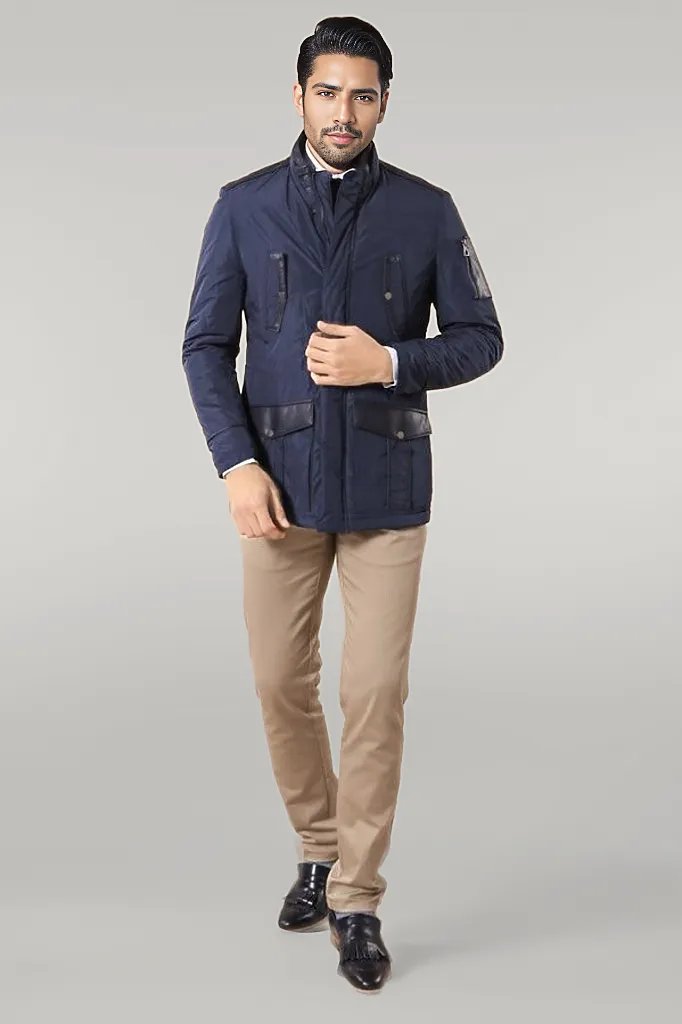 Leather Modeled Blue Slim Fit Quilted Jacket - Wessi