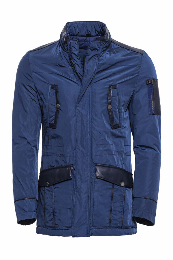 Leather Modeled Blue Slim Fit Quilted Jacket