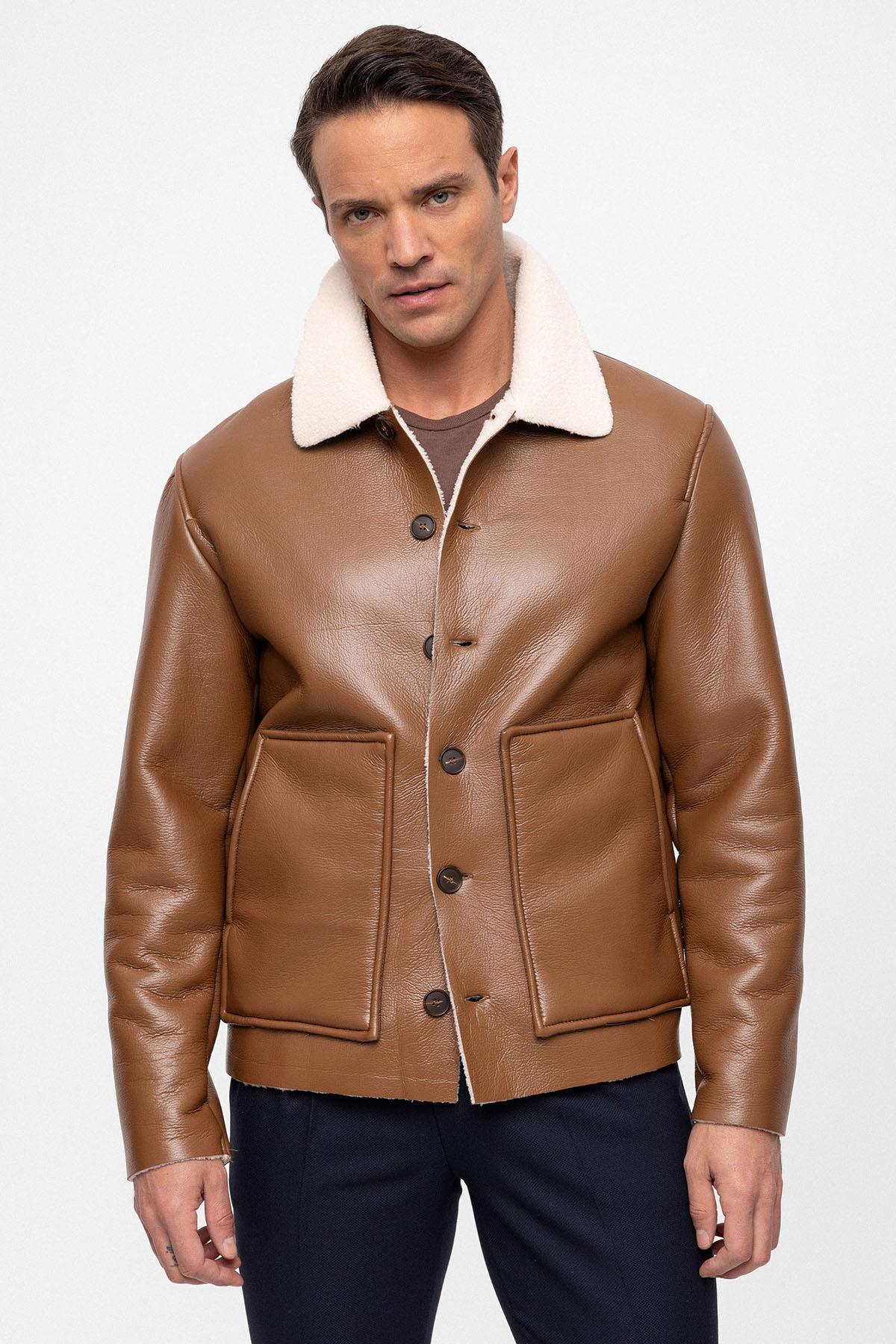 Men's Camel Lining Detailed Faux Leather Coat