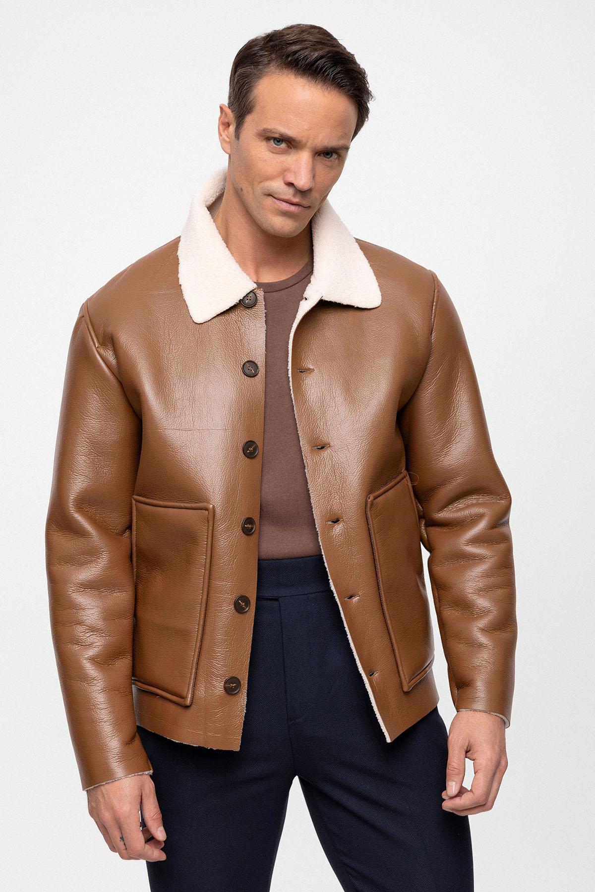 Men's Camel Lining Detailed Faux Leather Coat