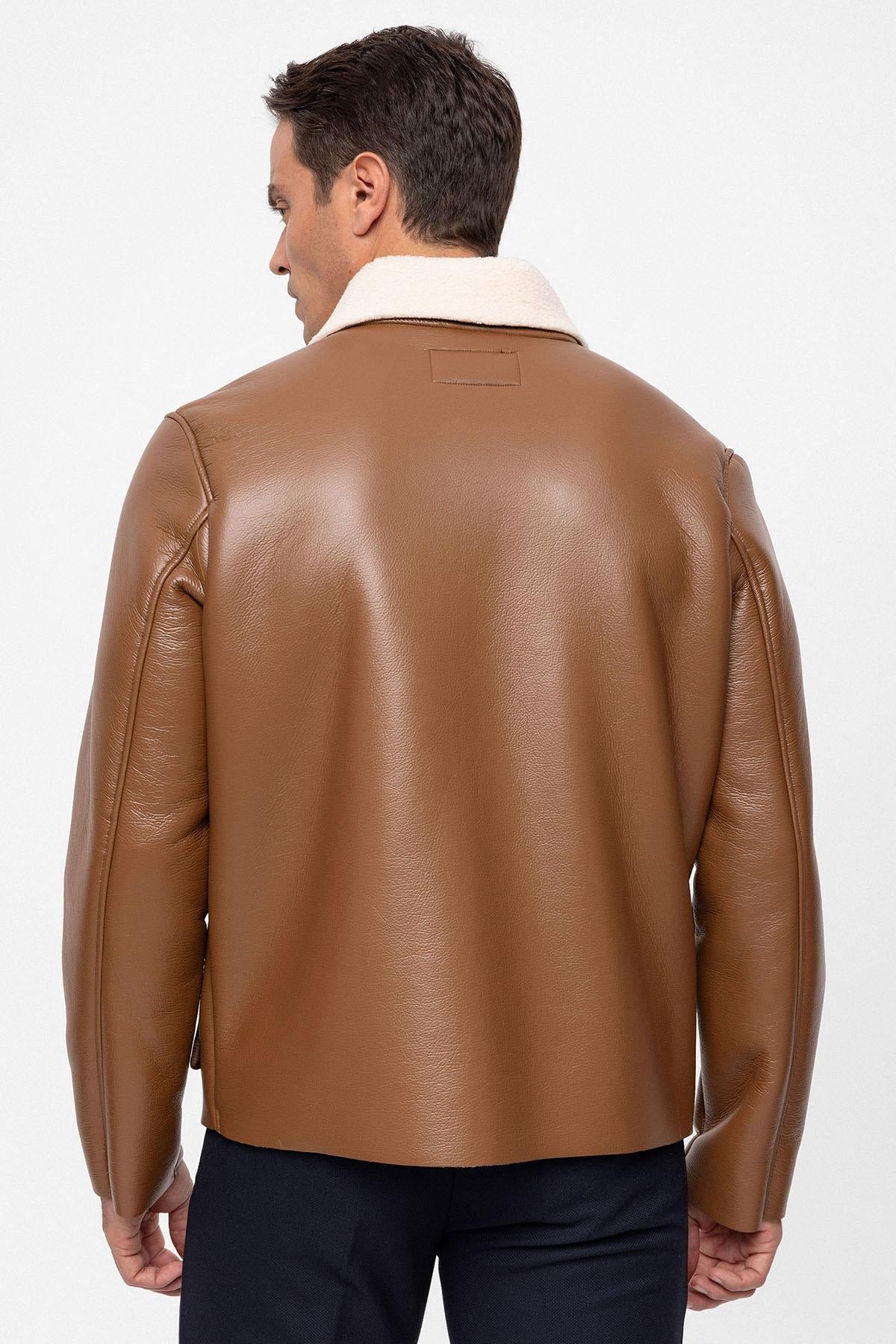 Men's Camel Lining Detailed Faux Leather Coat