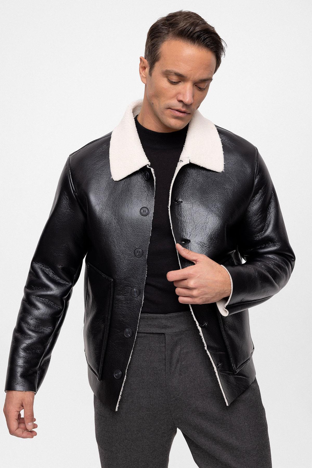 Men's Black/Ecru Lining Detailed Faux Leather Coat