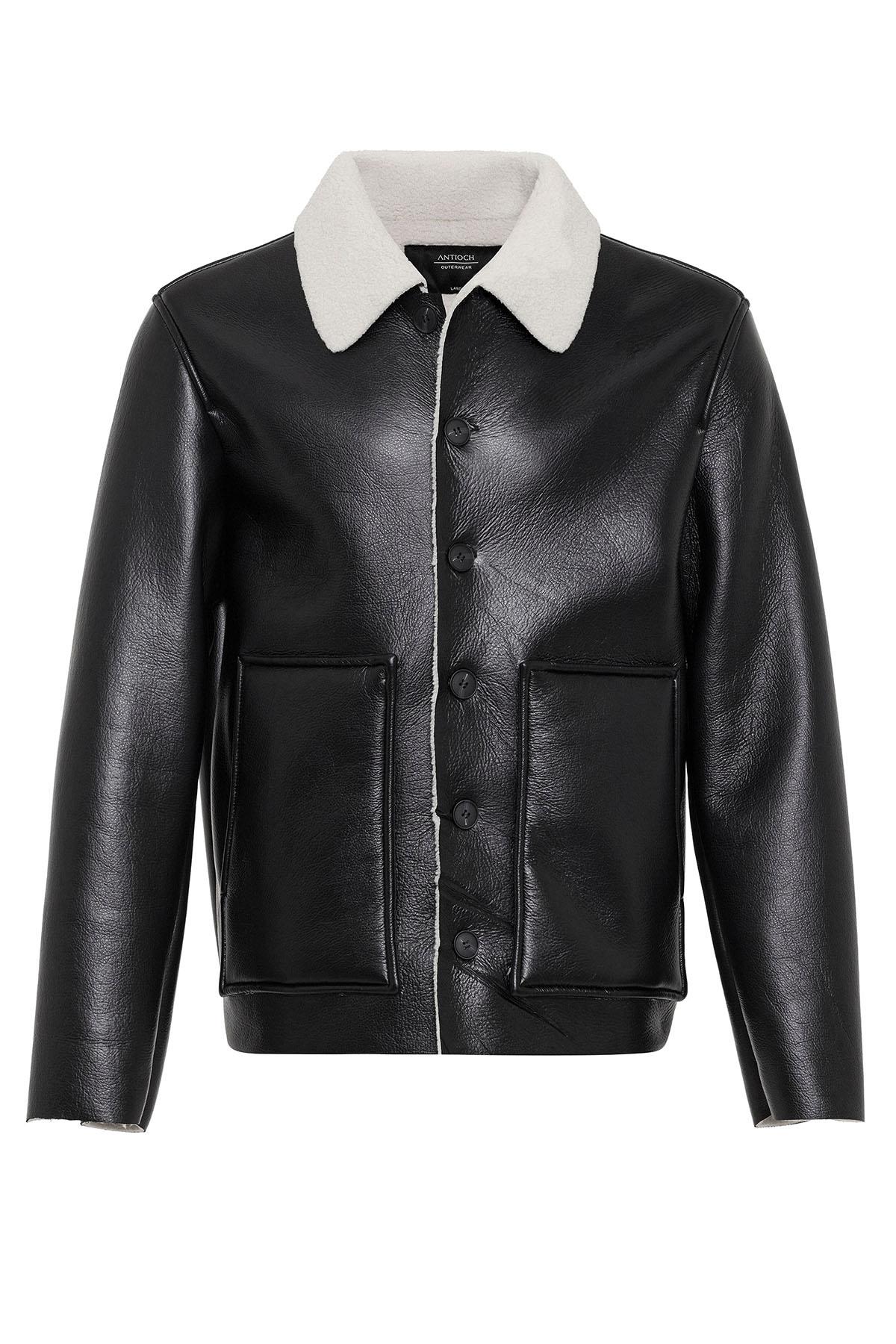 Men's Black/Ecru Lining Detailed Faux Leather Coat