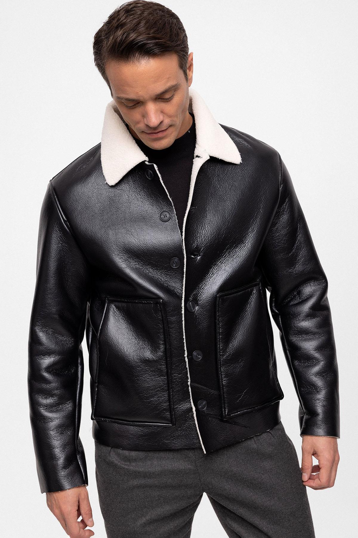 Men's Black/Ecru Lining Detailed Faux Leather Coat