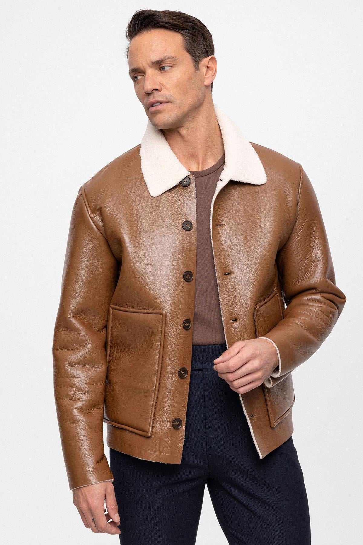 Men's Camel Lining Detailed Faux Leather Coat