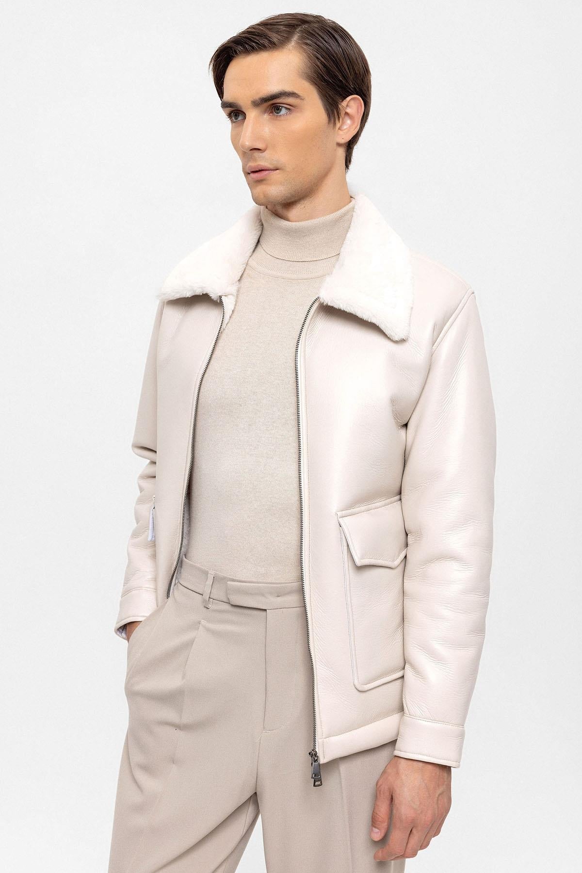 Men's Ecru Lining Detailed Faux Leather Coat