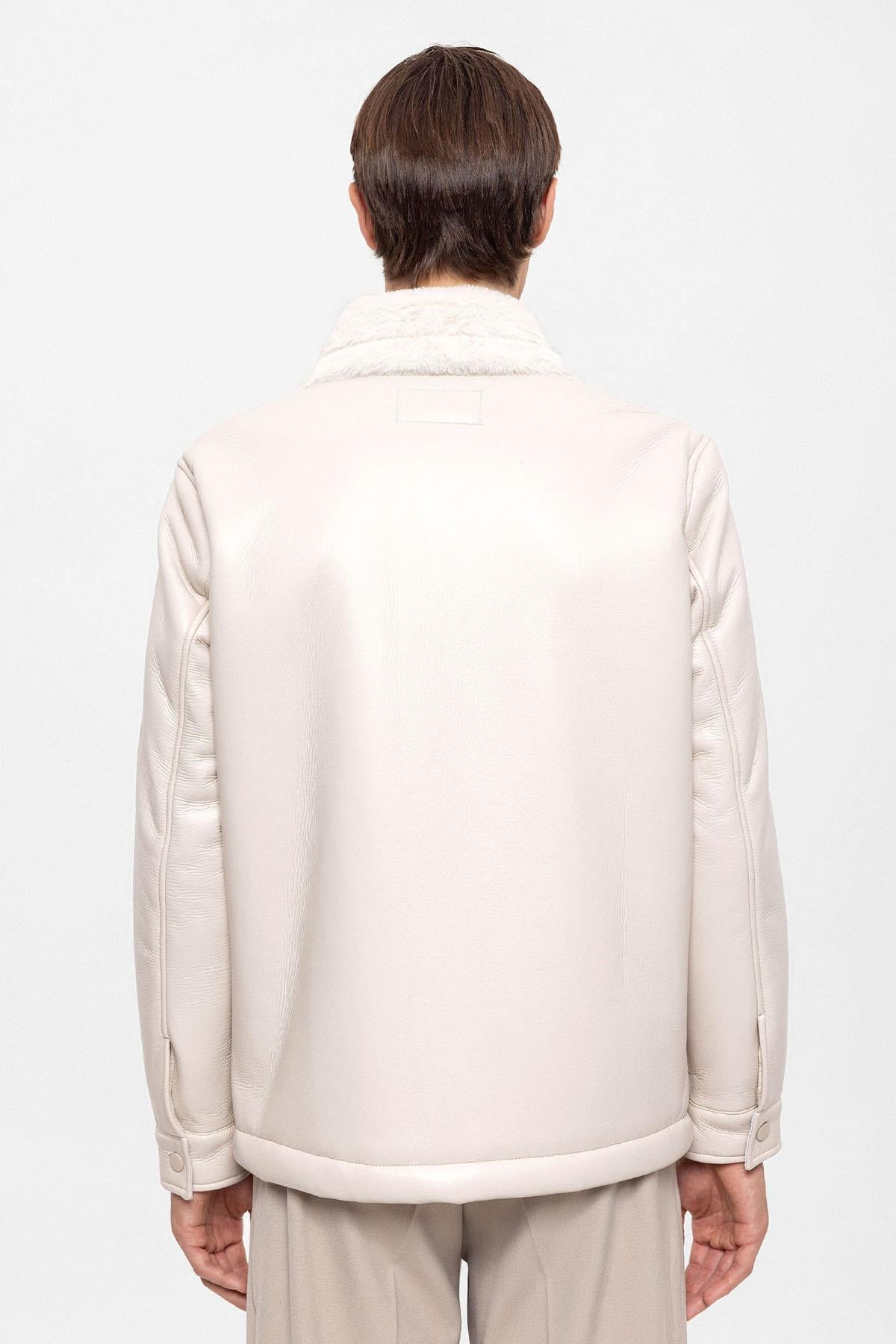 Men's Ecru Lining Detailed Faux Leather Coat