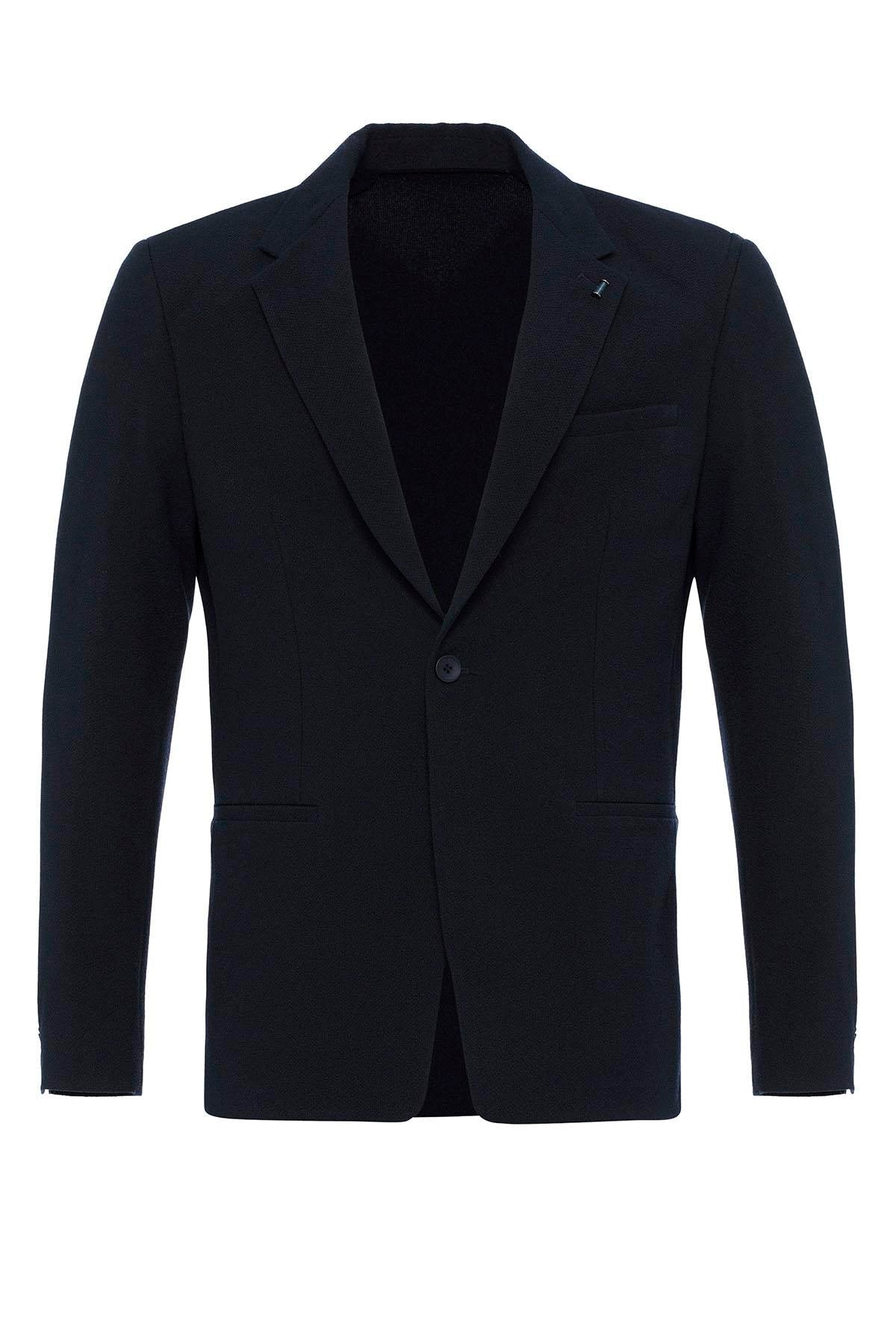 Men's Navy Blue Plain Single-Button Blazer