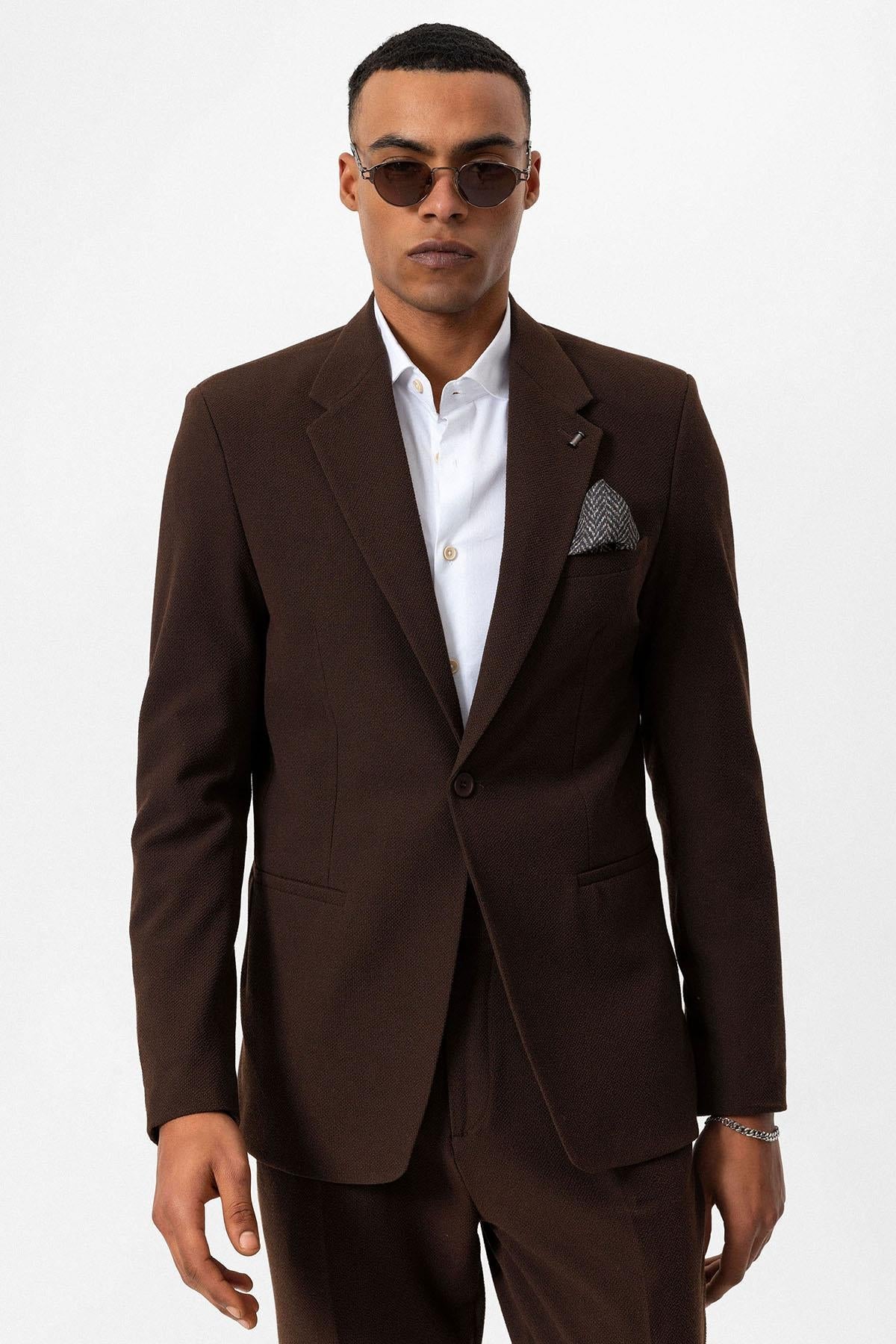 Men's Brown Plain Single-Button Blazer