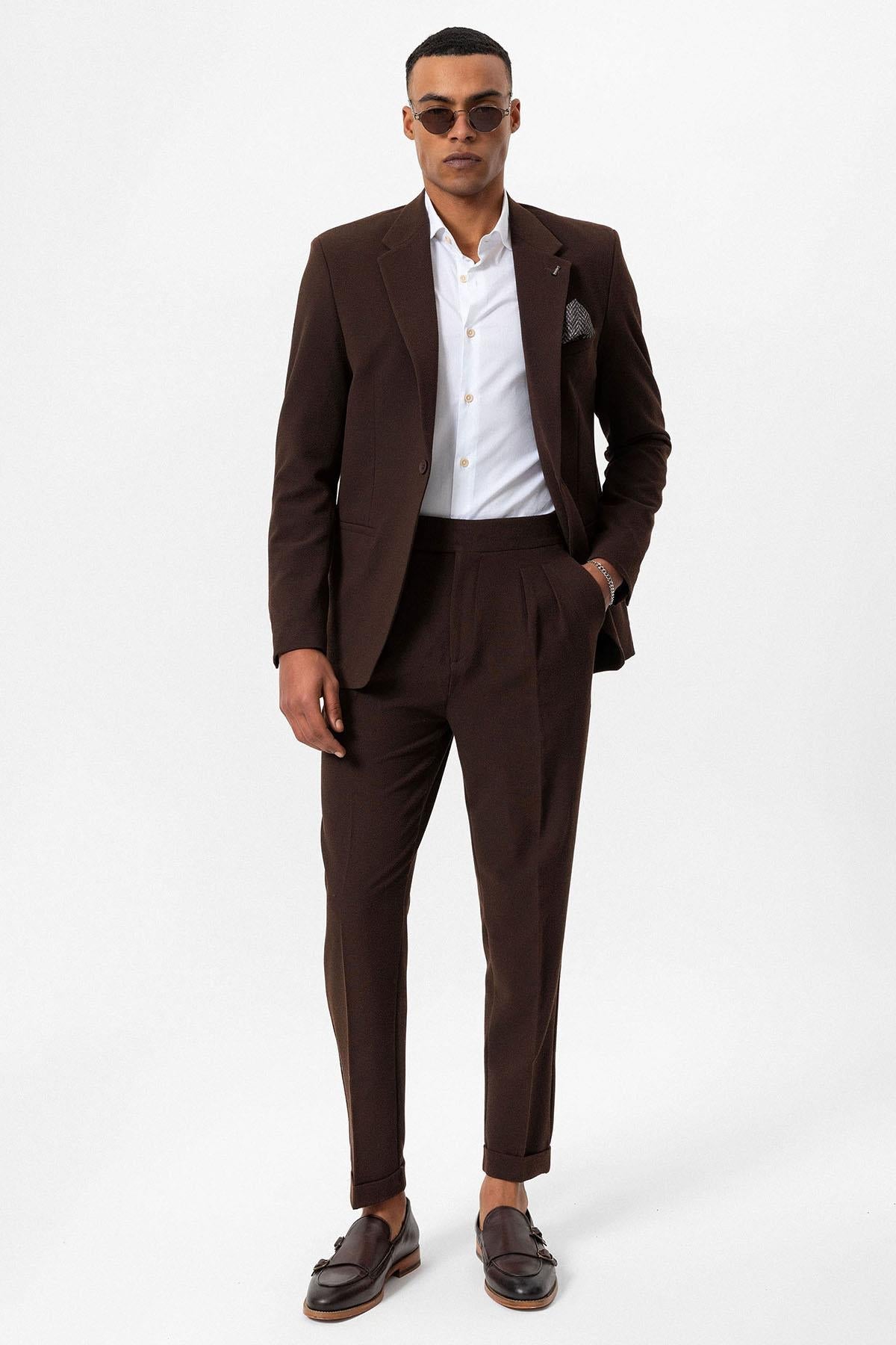 Men's Brown Plain Single-Button Blazer
