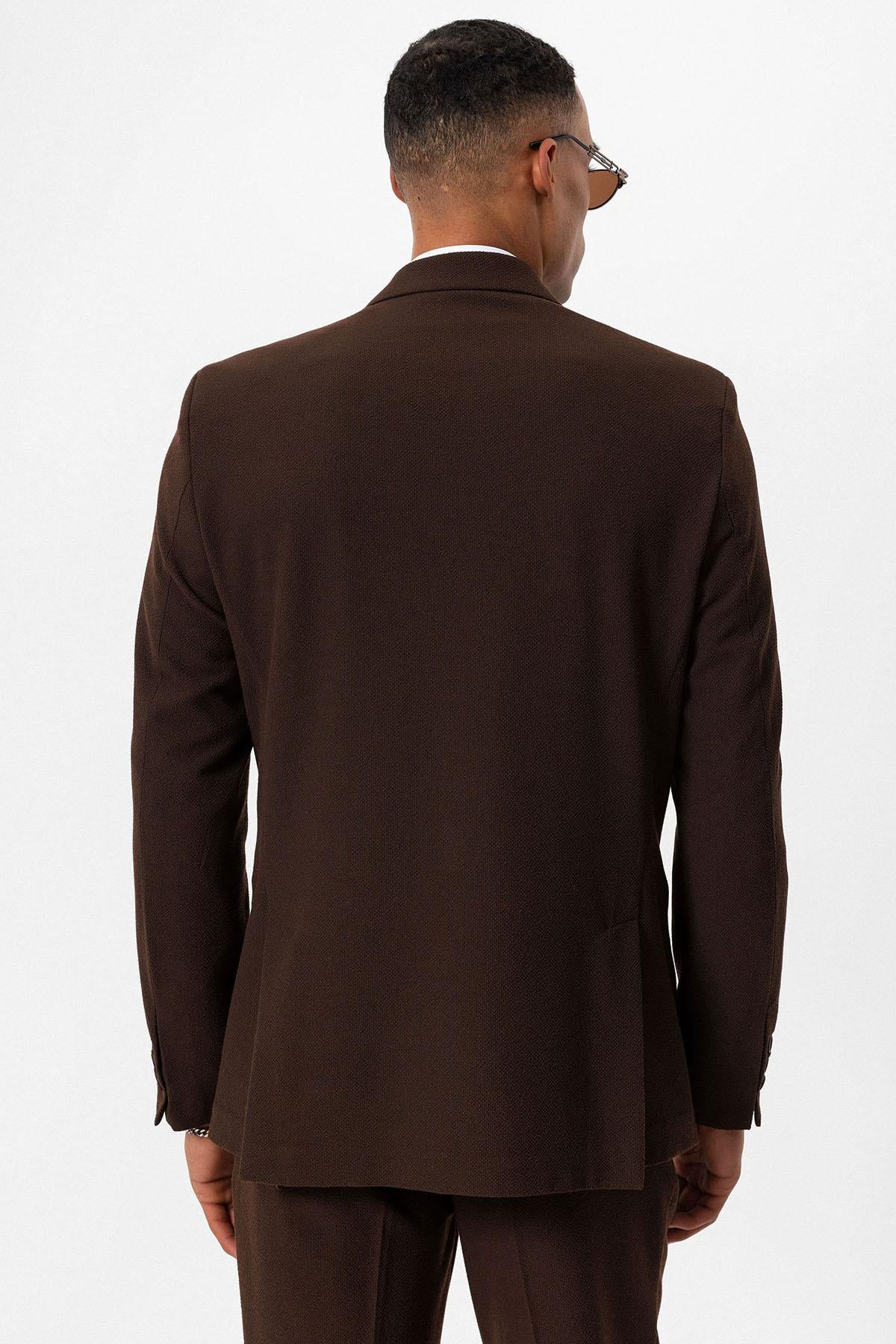 Men's Brown Plain Single-Button Blazer