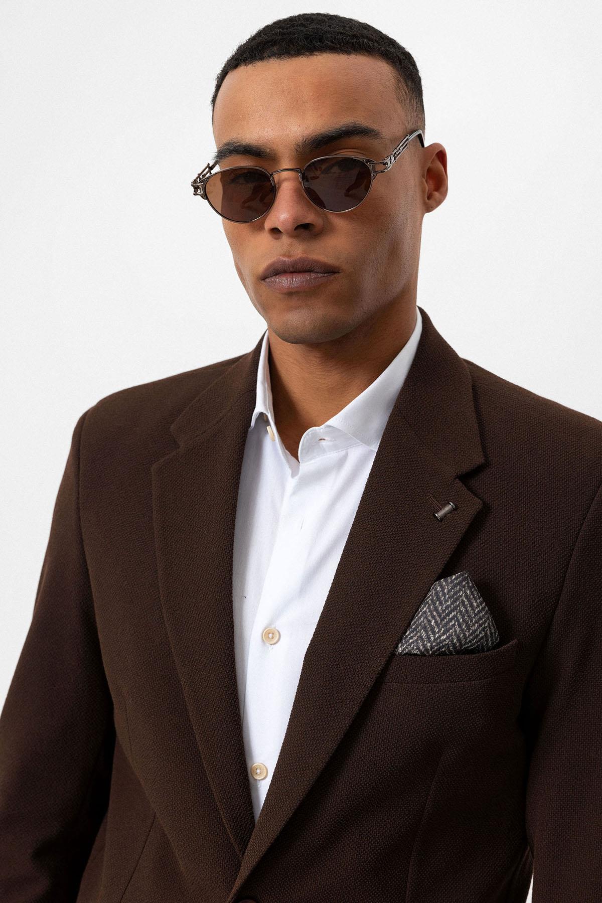 Men's Brown Plain Single-Button Blazer