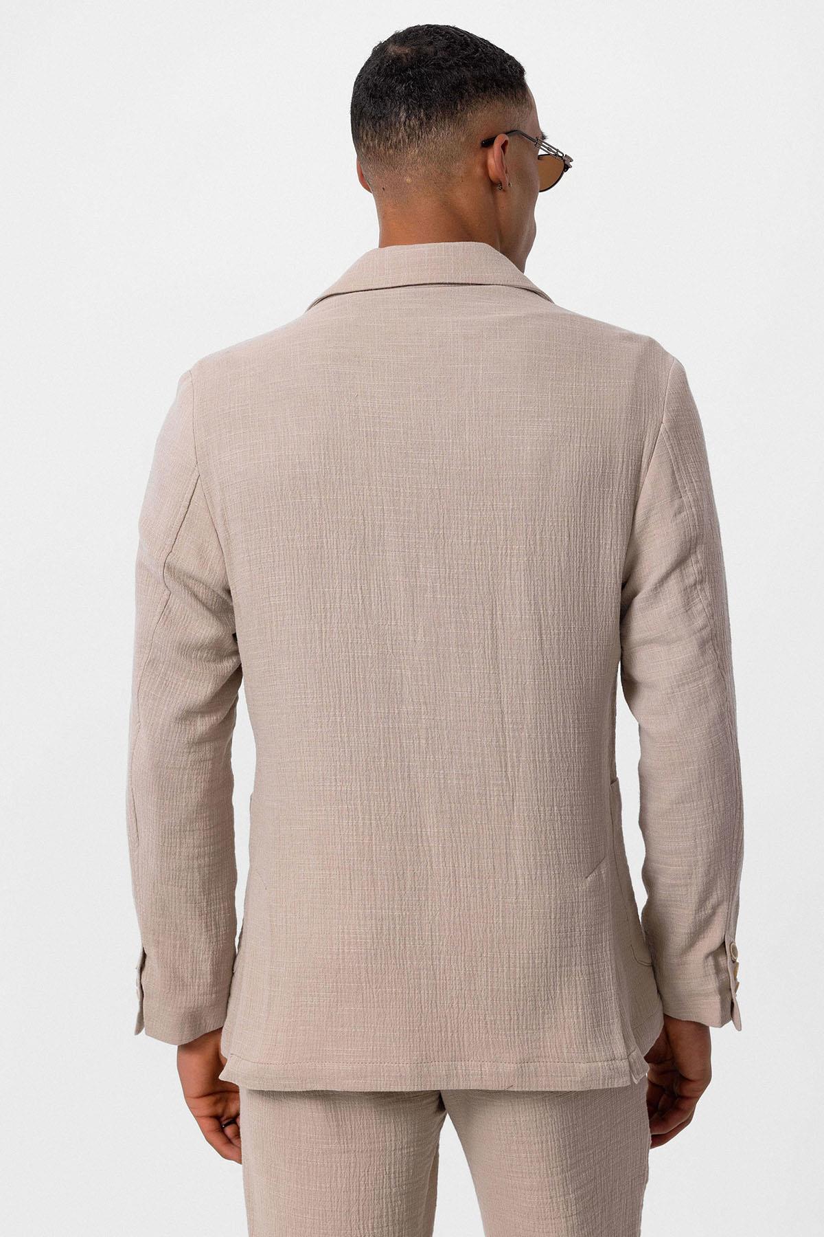 Men's Beige Plain Pocketed Blazer Jacket