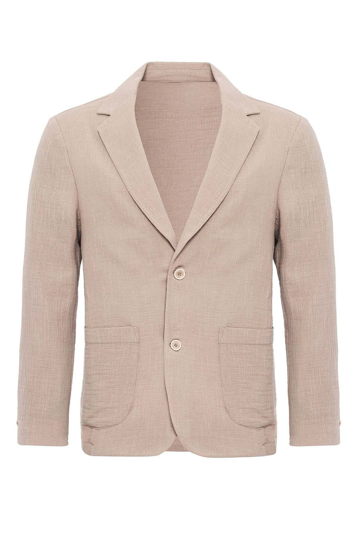 Men's Beige Plain Pocketed Blazer Jacket
