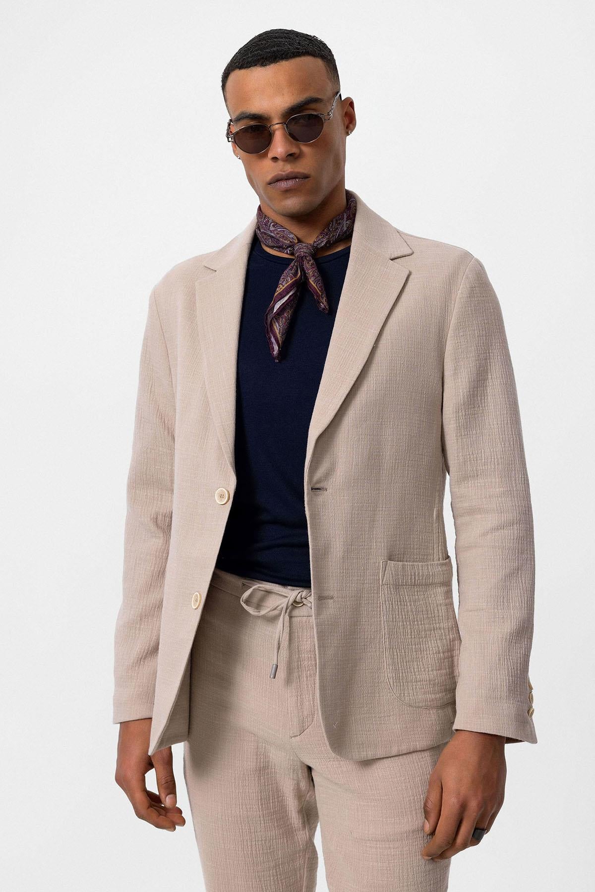 Men's Beige Plain Pocketed Blazer Jacket
