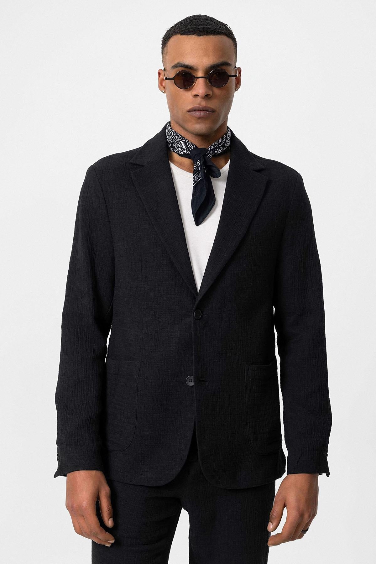 Men's Black Plain Pocketed Blazer Jacket