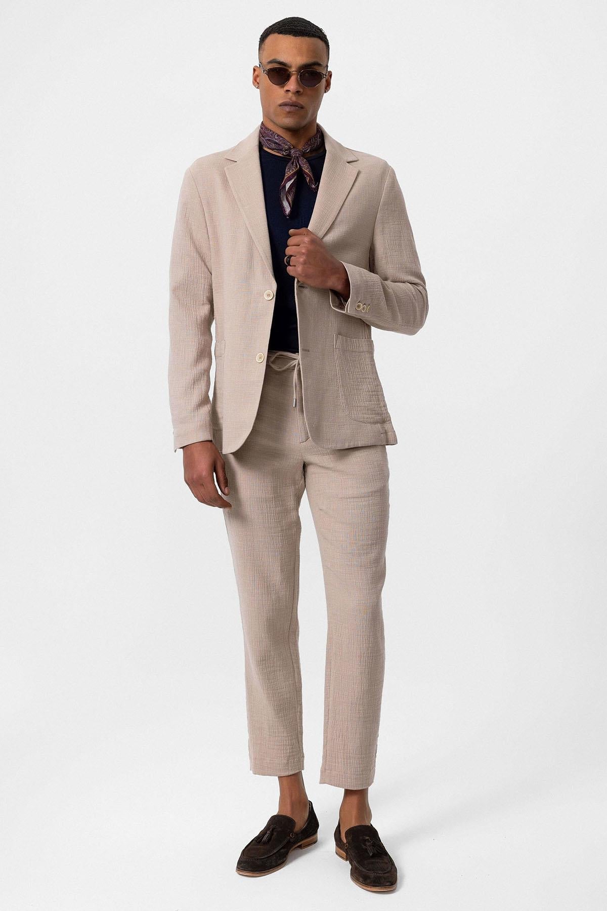 Men's Beige Plain Pocketed Blazer Jacket