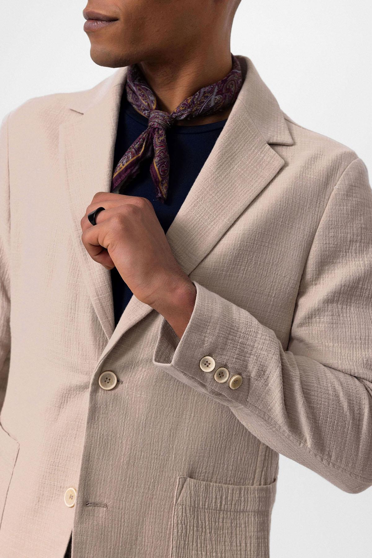 Men's Beige Plain Pocketed Blazer Jacket