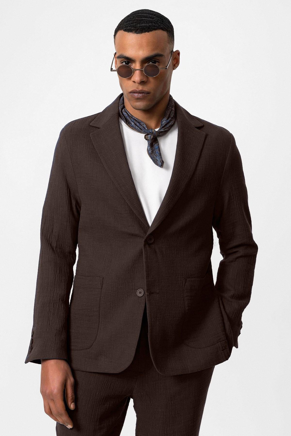 Men's Brown Plain Pocketed Blazer Jacket