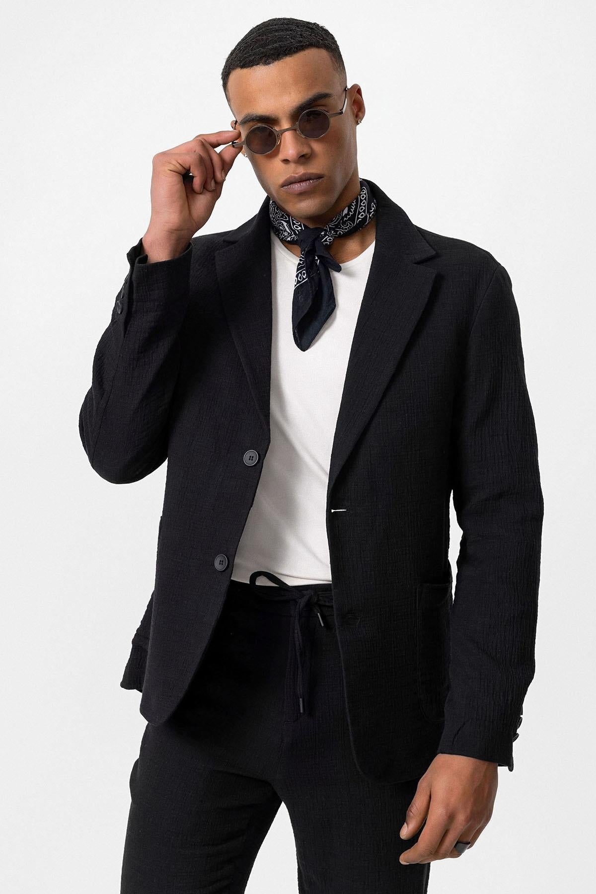 Men's Black Plain Pocketed Blazer Jacket