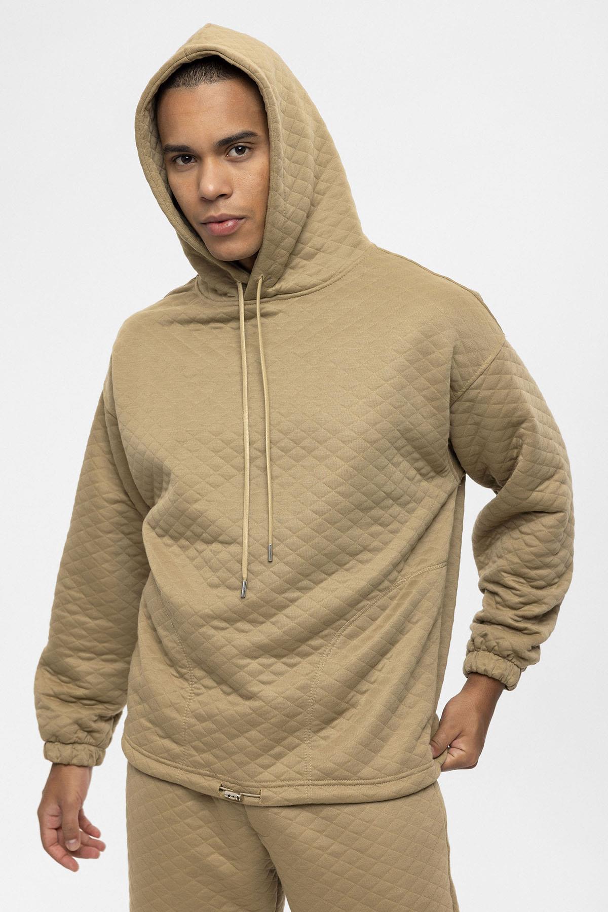 Men's Beige Diamond Patterned Oversize Tracksuit Set