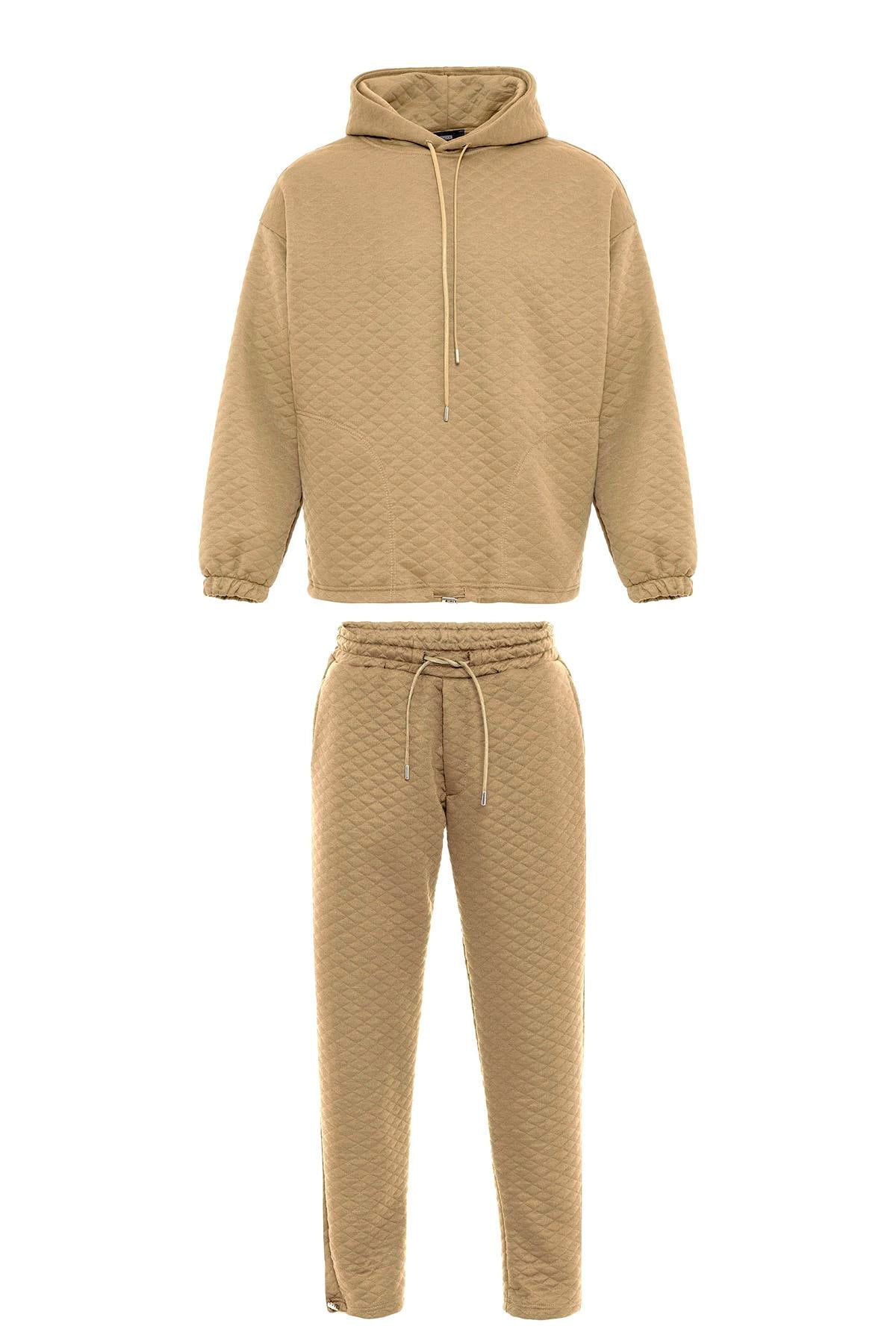 Men's Beige Diamond Patterned Oversize Tracksuit Set