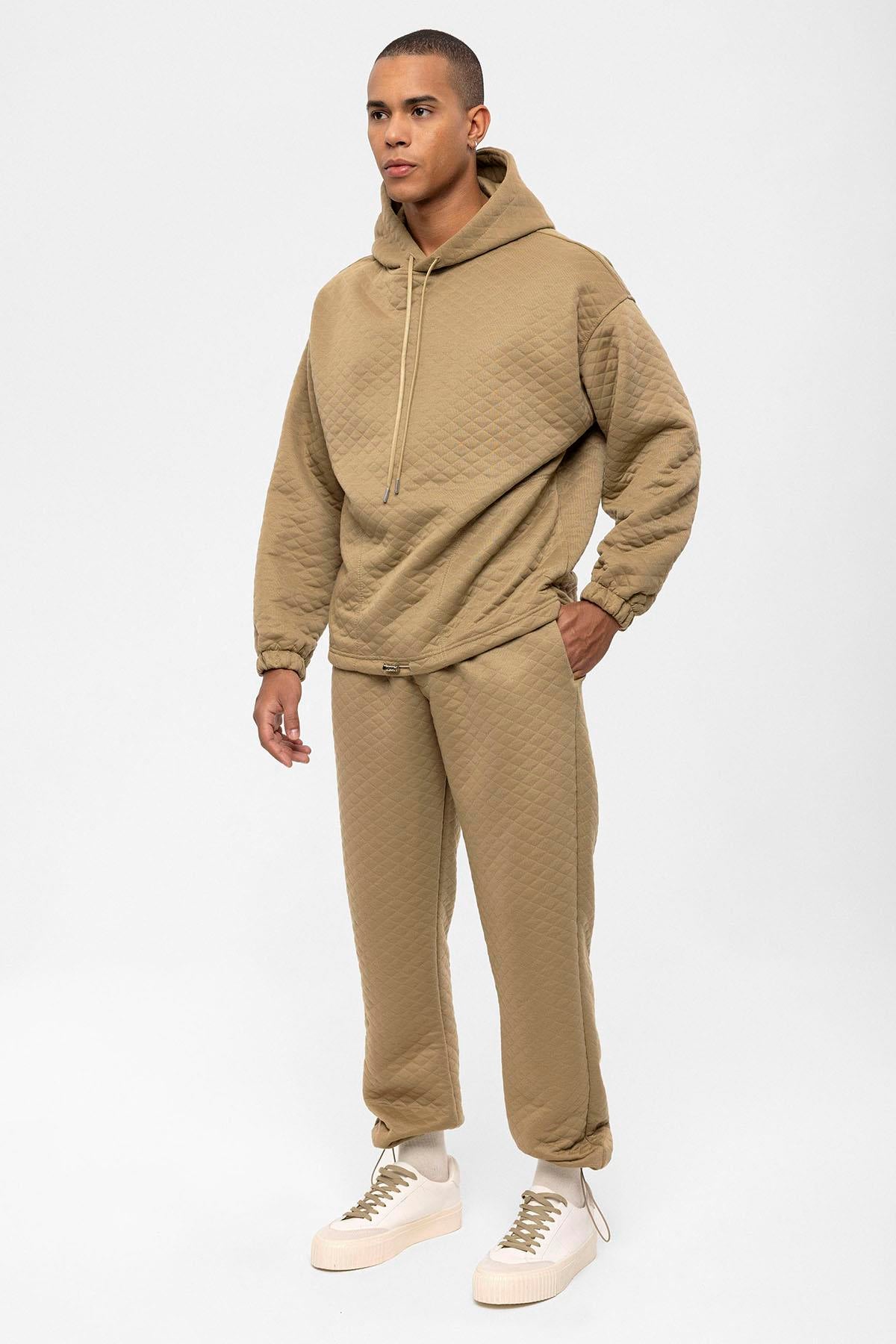 Men's Beige Diamond Patterned Oversize Tracksuit Set