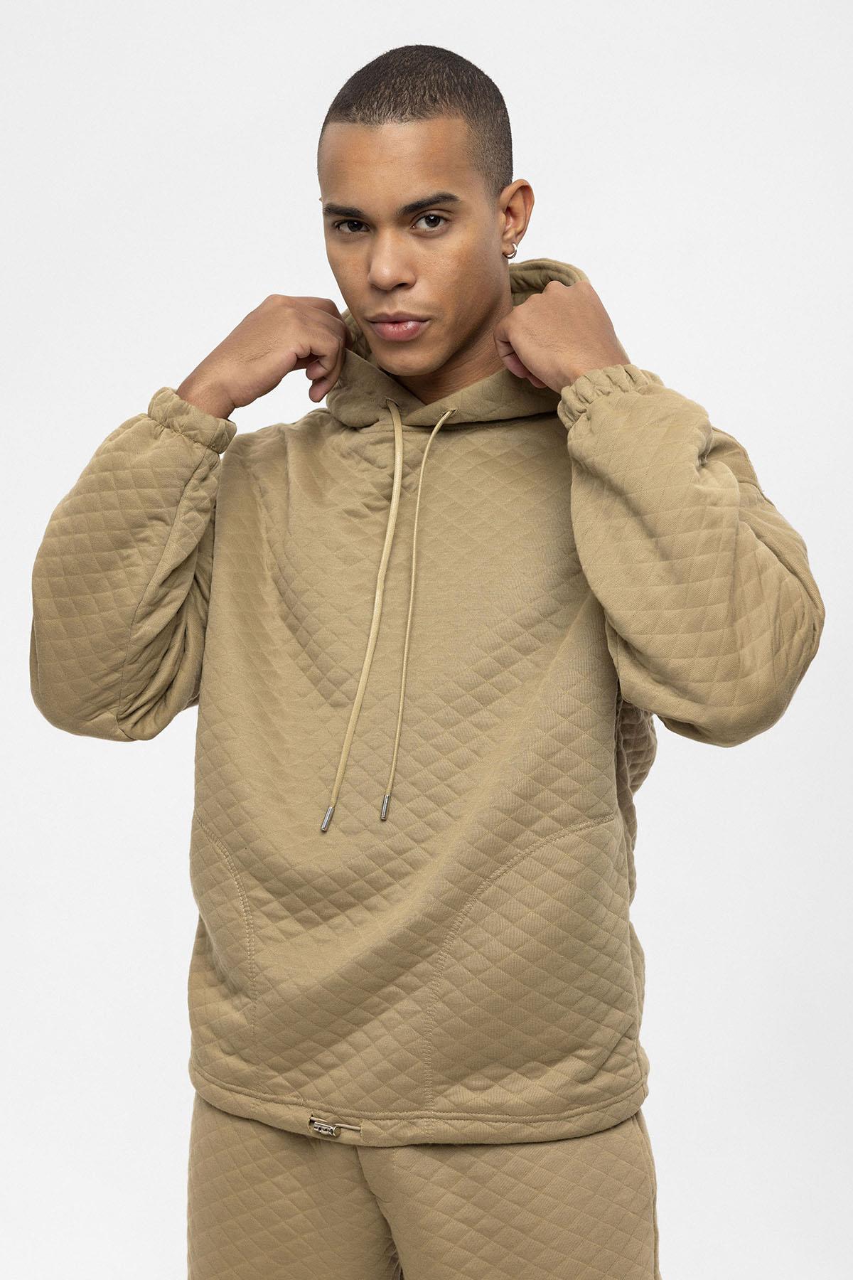 Men's Beige Diamond Patterned Oversize Tracksuit Set