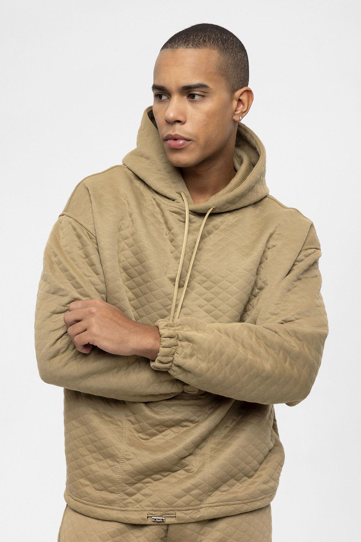 Men's Beige Diamond Patterned Oversize Tracksuit Set