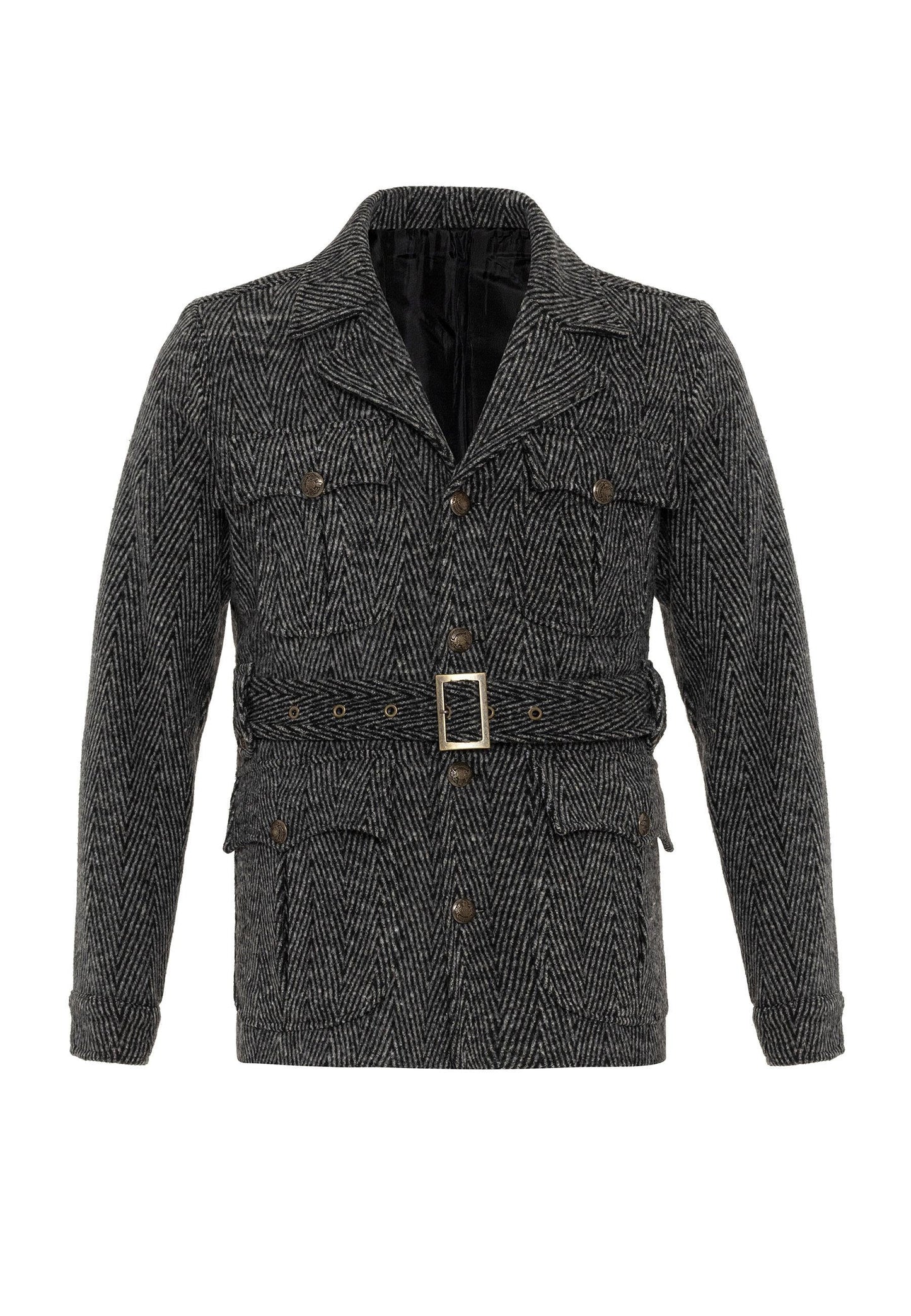 Men's Anthracite Herringbone Patterned Belted Coat