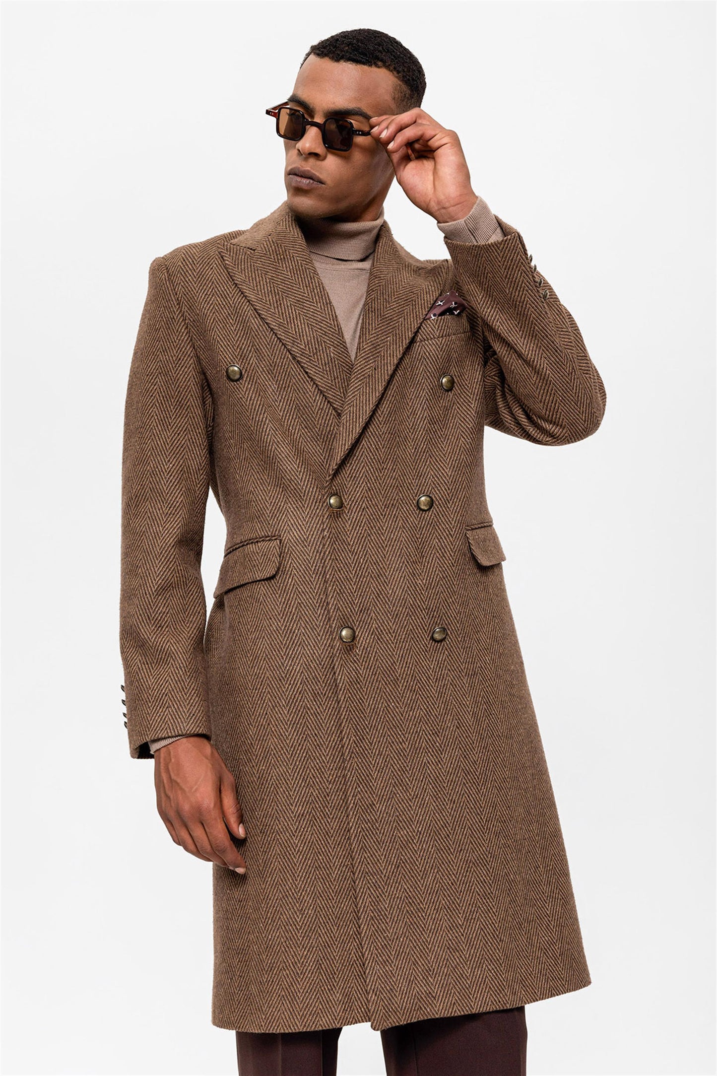 Herringbone Patterned Double Breasted Men's Coat