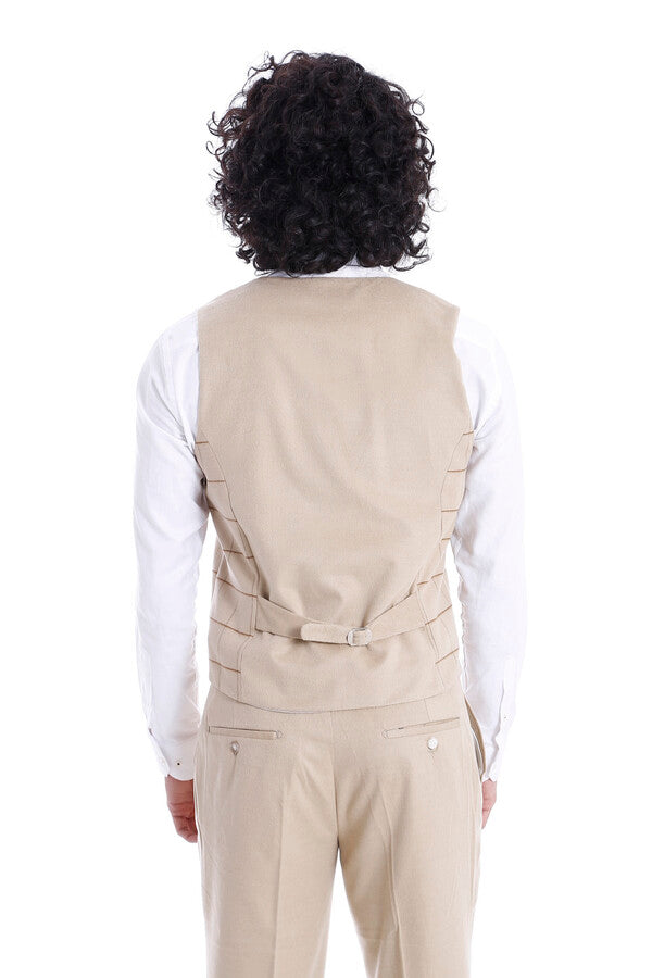 Beige Men Vest Pants Set