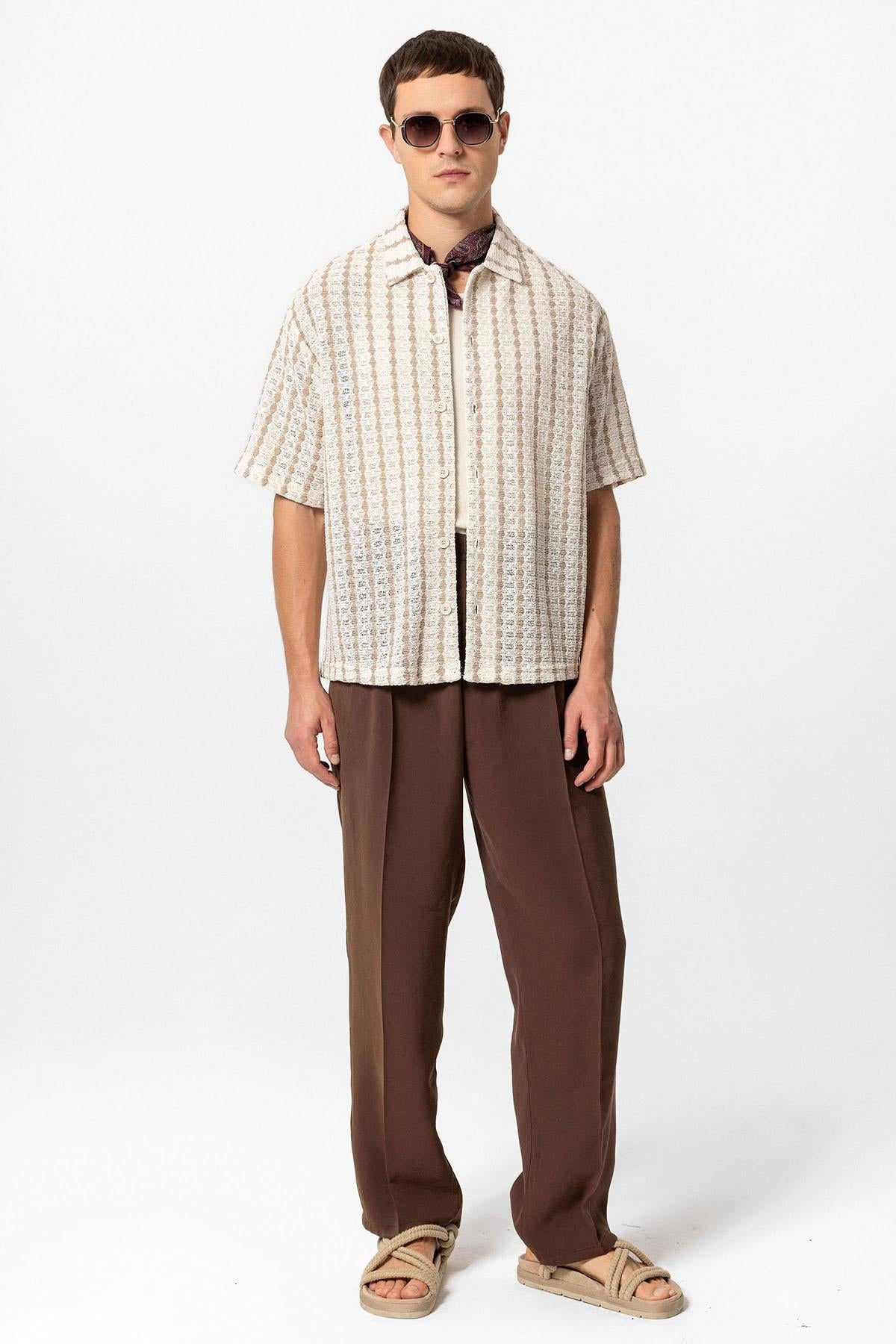 KOALA SYDNEY Men's Beige Striped Knit Short-Sleeve Shirt