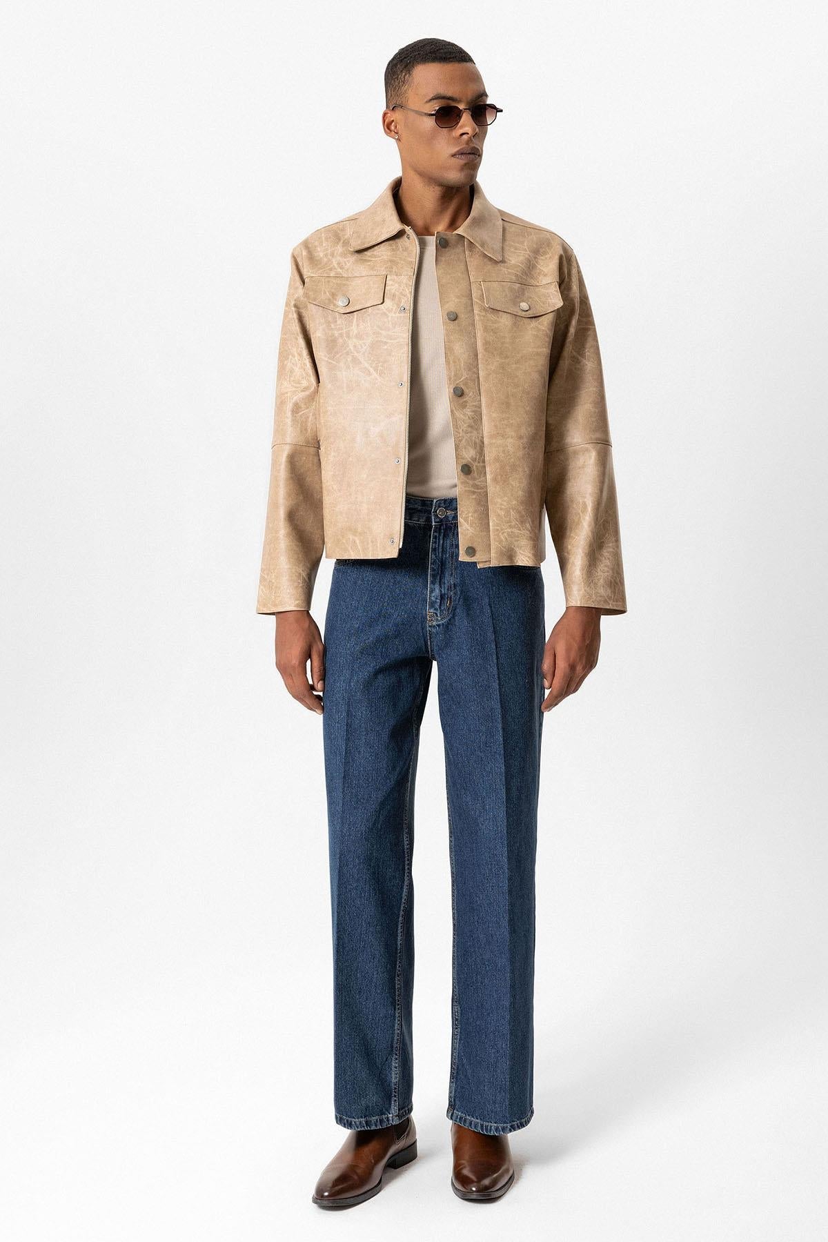 Beige Crop Fit Faux Leather Men's Jacket