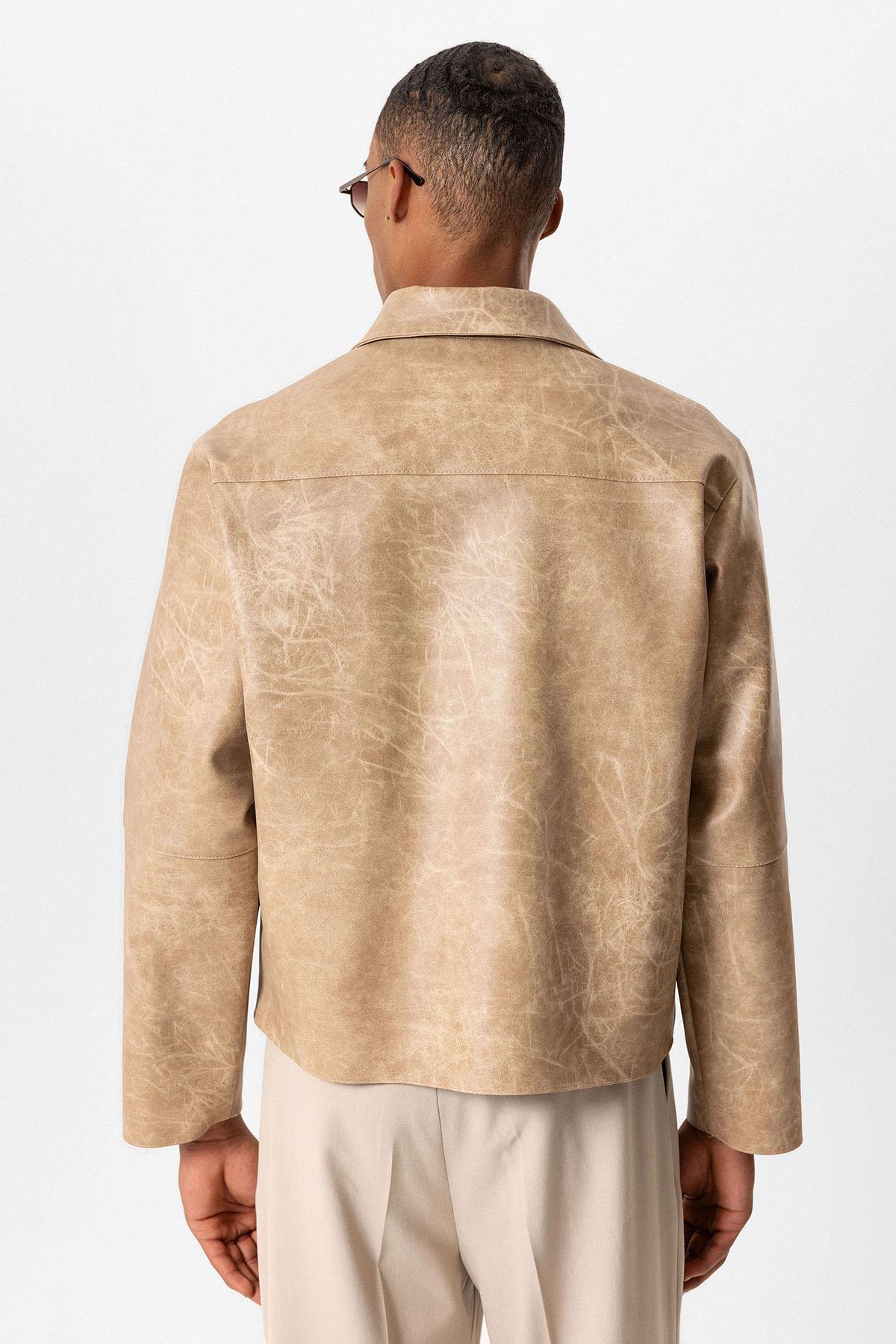 Beige Crop Fit Faux Leather Men's Jacket