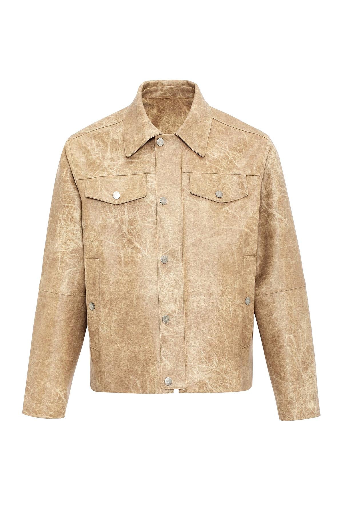 Beige Crop Fit Faux Leather Men's Jacket