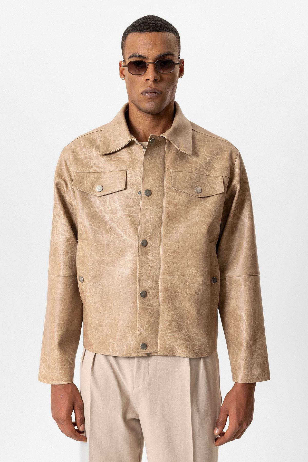 Beige Crop Fit Faux Leather Men's Jacket