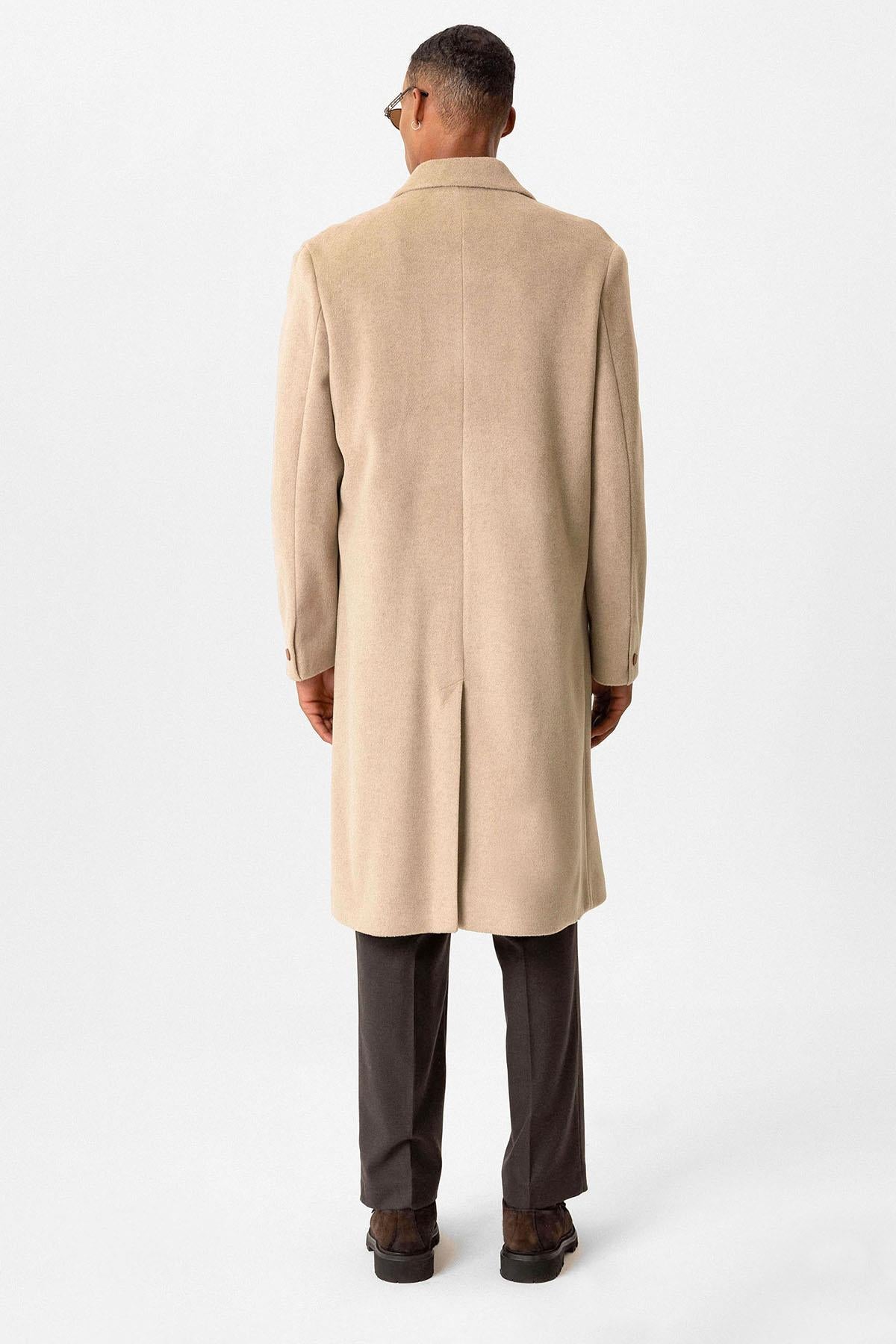 Beige Textured Double-Breasted Men's Coat