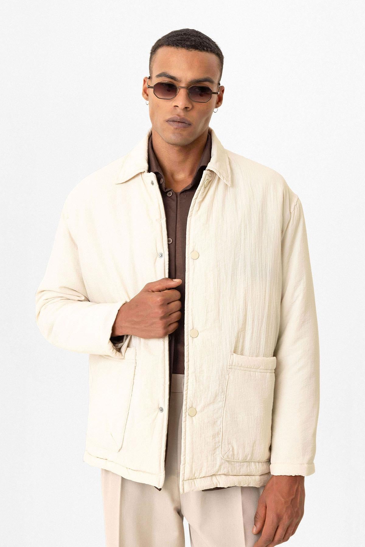 Beige Lightly Padded Men's Jacket with Cargo Pockets