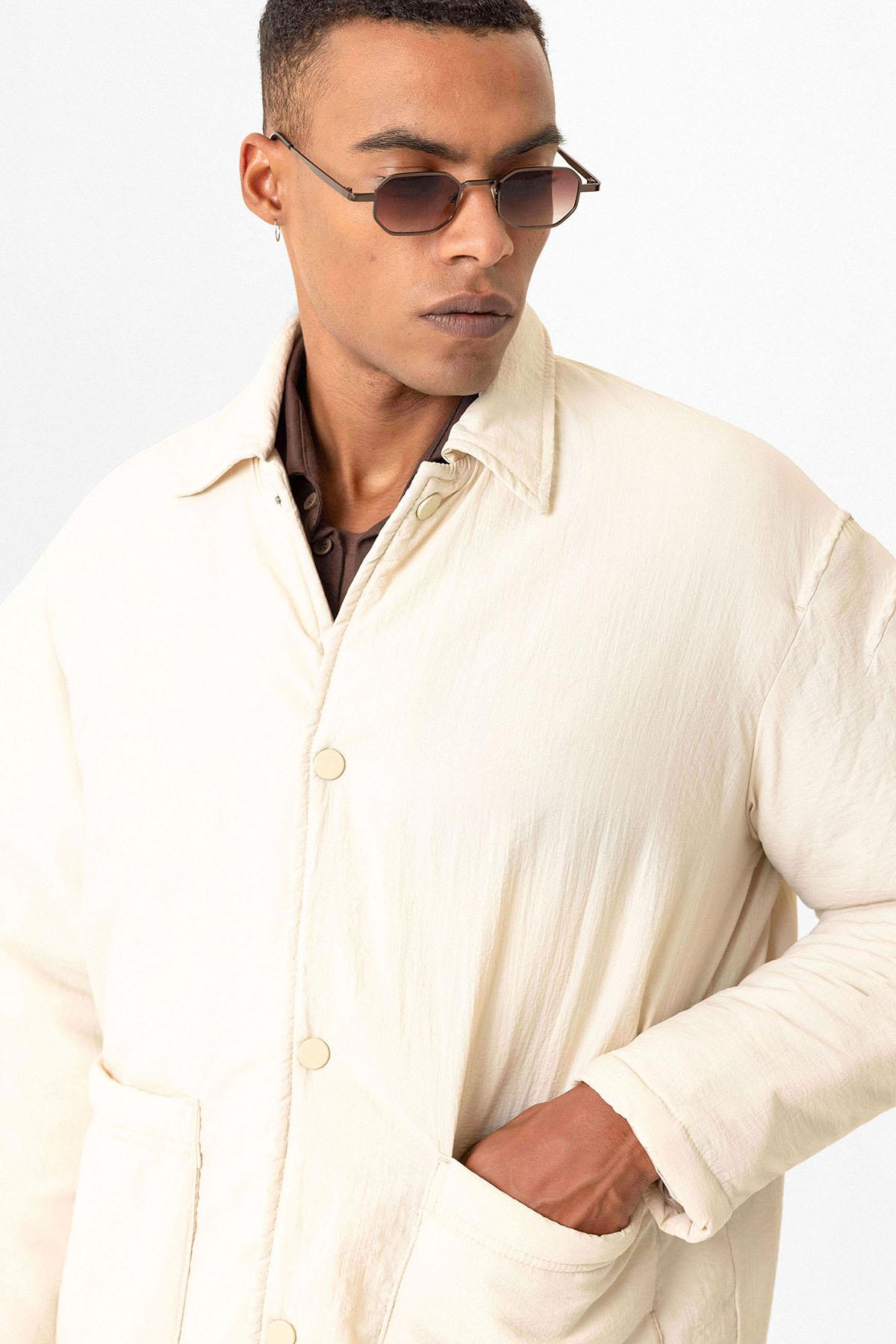 Beige Lightly Padded Men's Jacket with Cargo Pockets