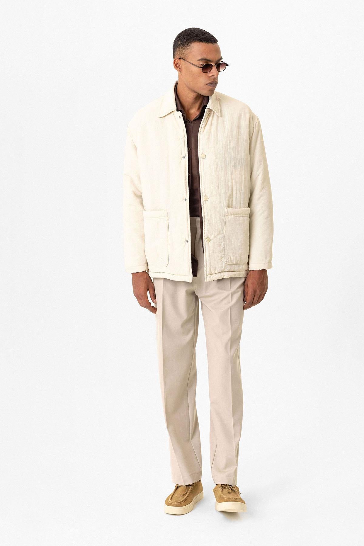 Beige Lightly Padded Men's Jacket with Cargo Pockets