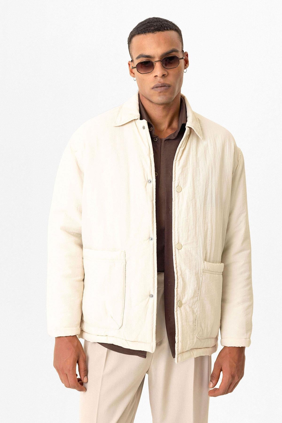 Beige Lightly Padded Men's Jacket with Cargo Pockets